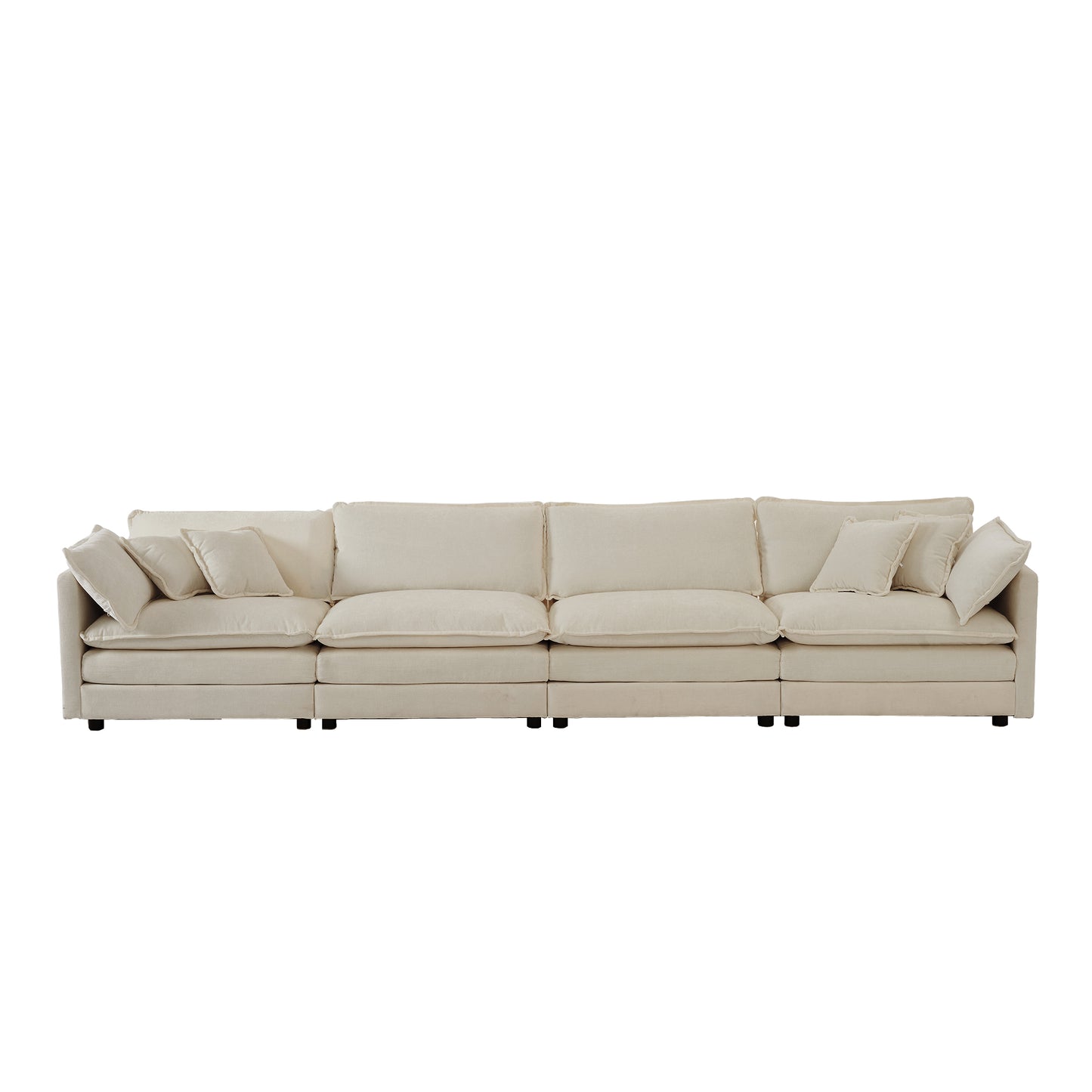 Sectional sofa in light beige linen upholstery featuring deep seats and plush throw pillows for ultimate comfort