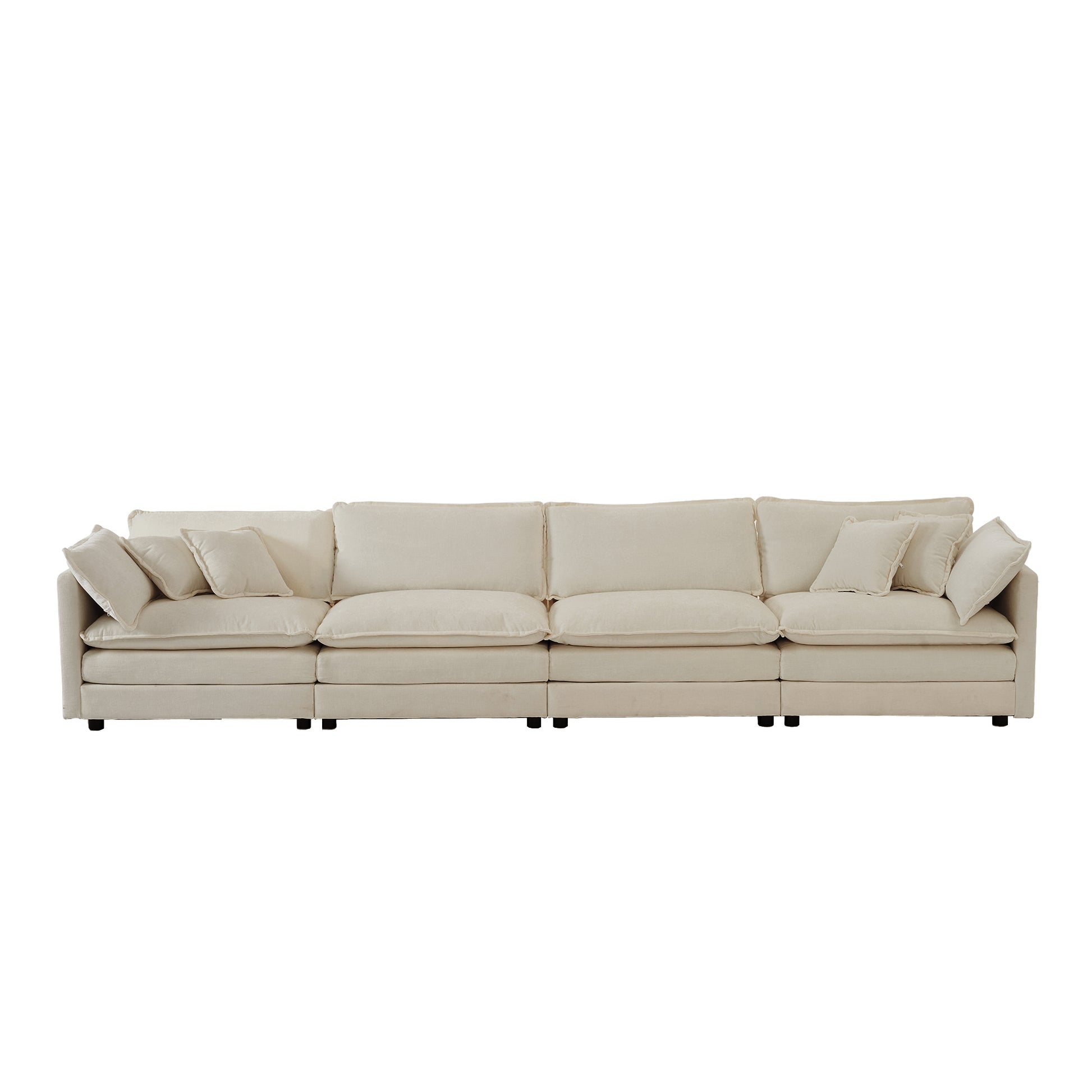 Sectional sofa in light beige linen upholstery featuring deep seats and plush throw pillows for ultimate comfort