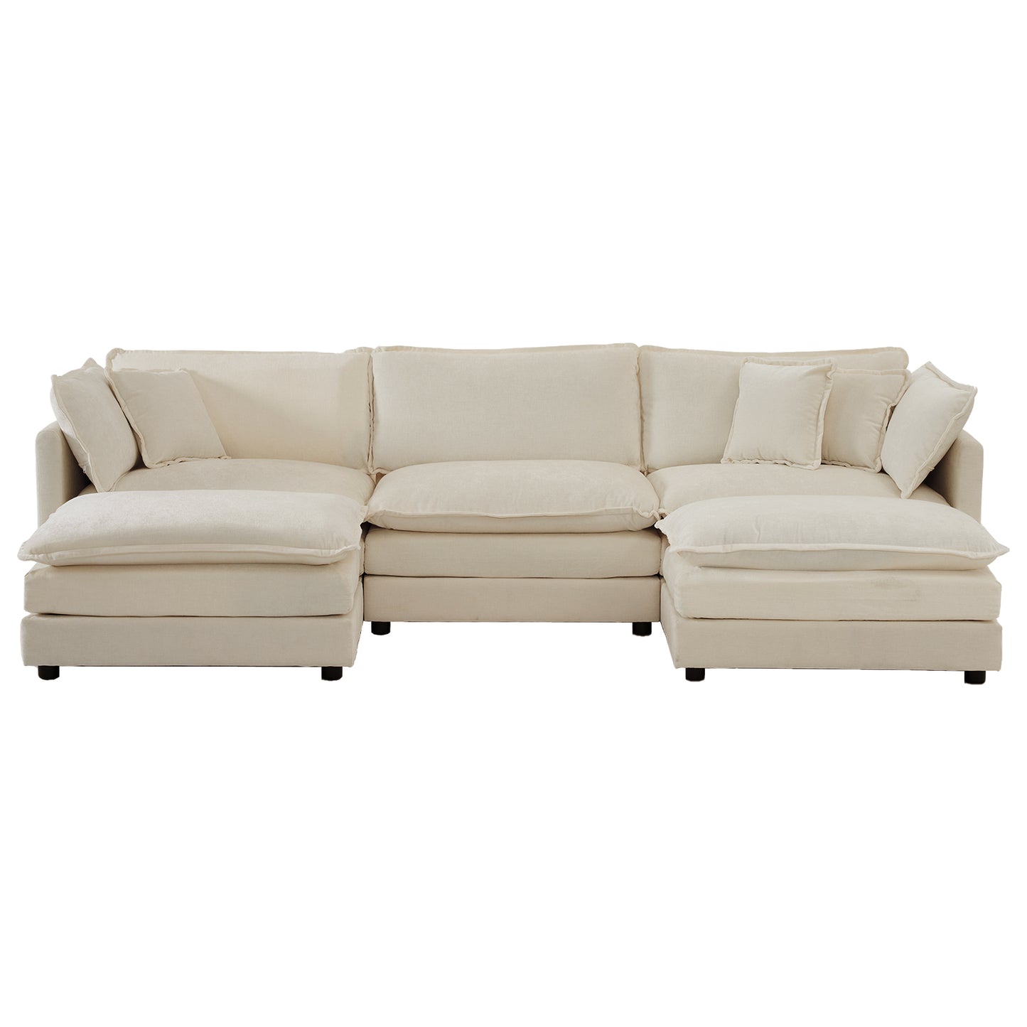 Cream upholstered sectional sofa with plush cushions and attached chaise lounge