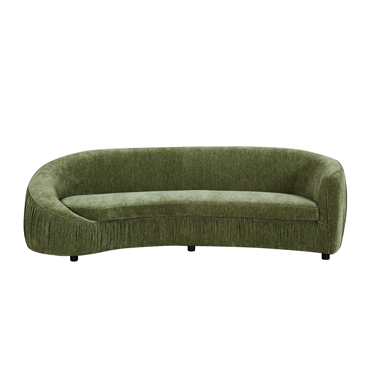 Curved green fabric sofa with pleated skirt detail