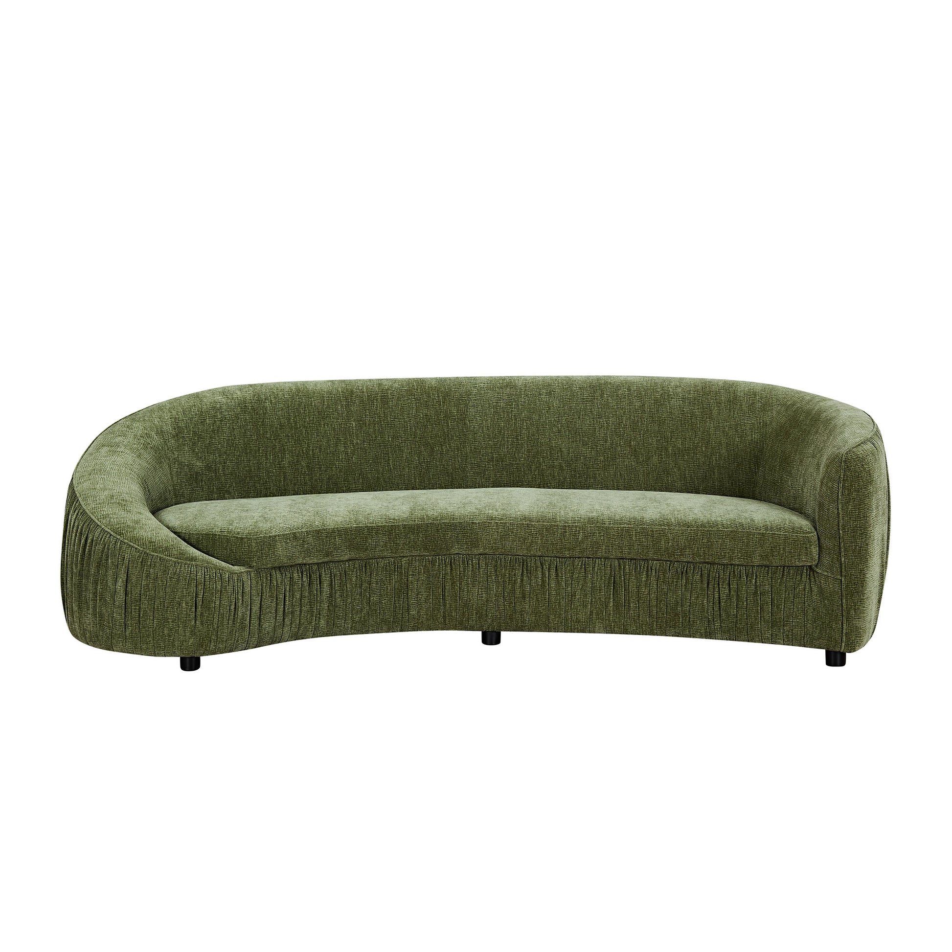 Curved green fabric sofa with pleated skirt detail