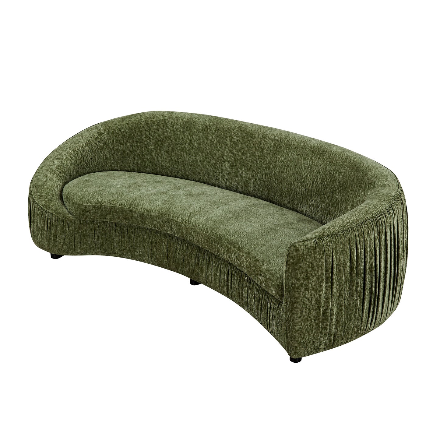Curved olive green velvet sofa with pleated side detail modern accent seating