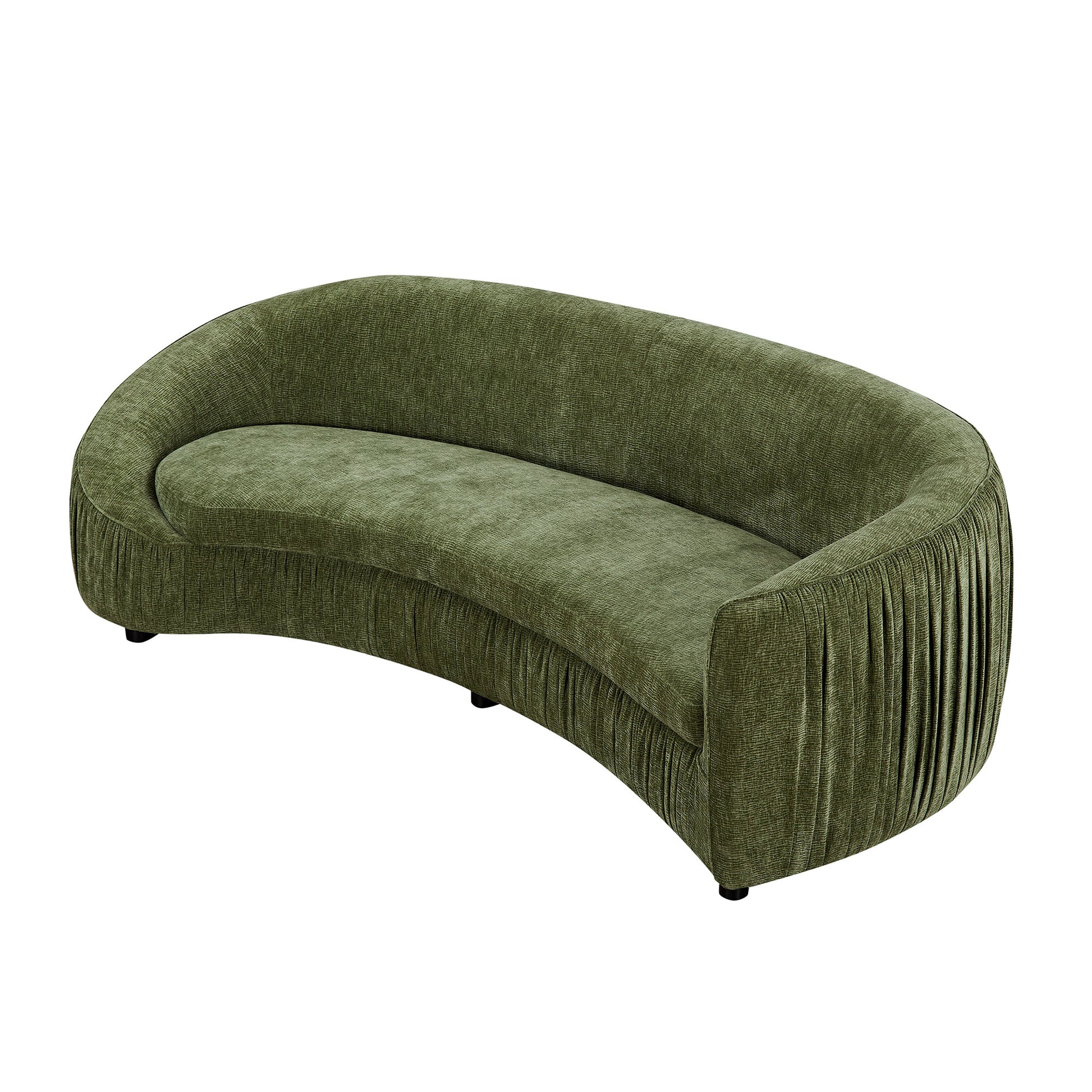 Curved olive green velvet sofa with pleated side detail modern accent seating