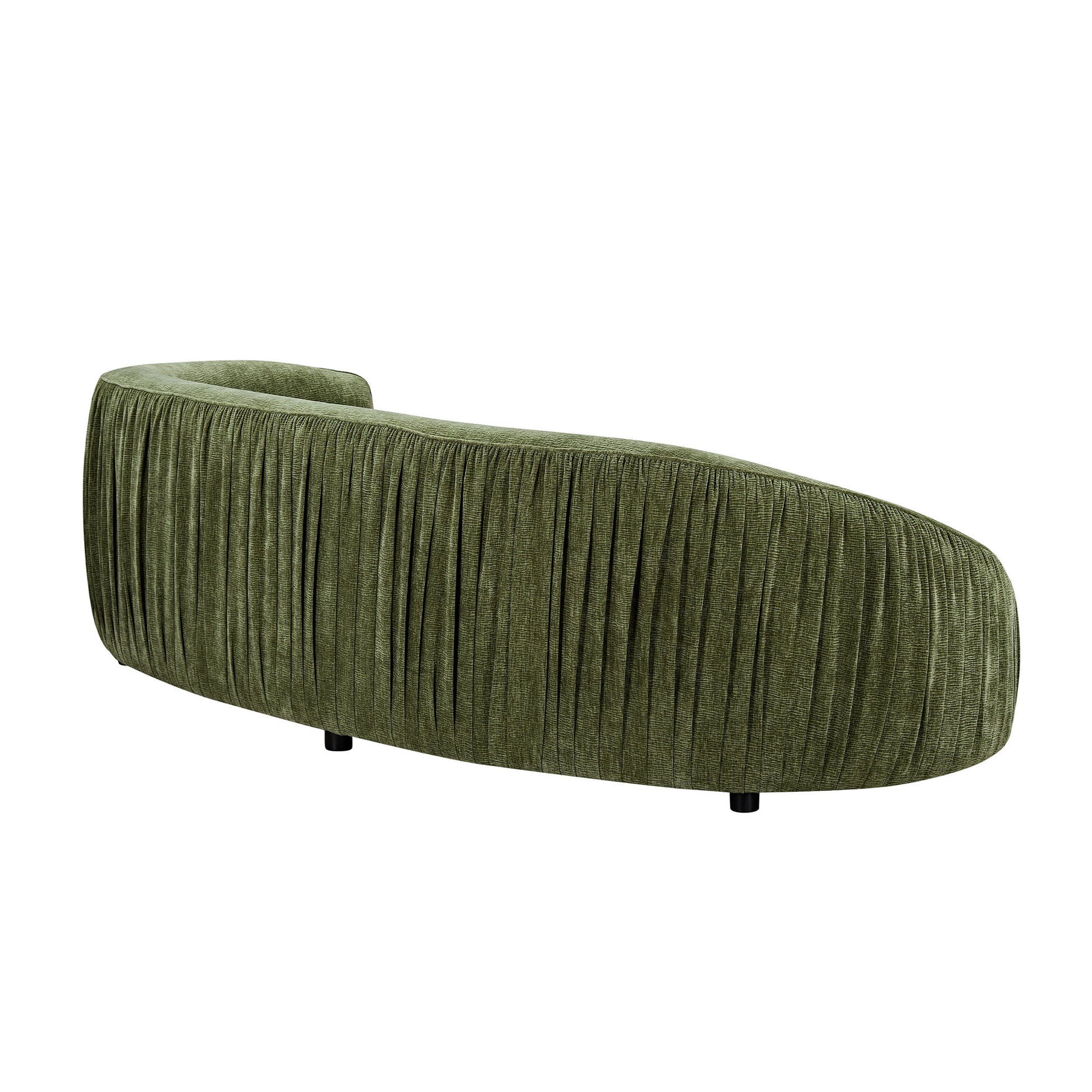Olive green velvet sofa with a curved silhouette and vertical pleating modern design