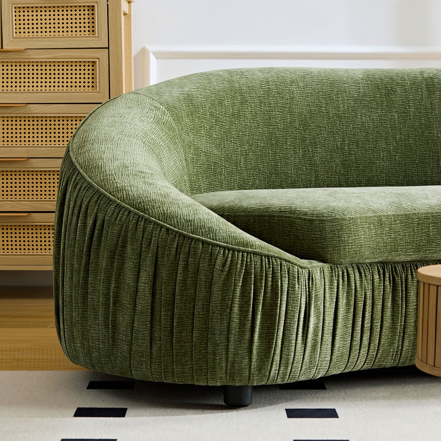Green velvet sofa with pleated base and curved arms modern accent furniture