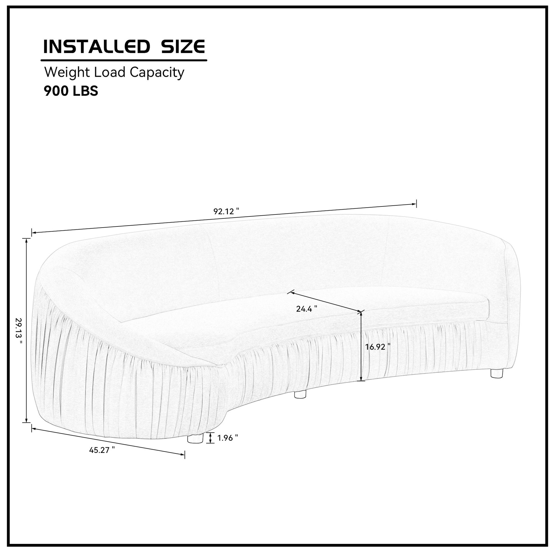Curved sofa with pleated skirt base  W x  H  lbs capacity