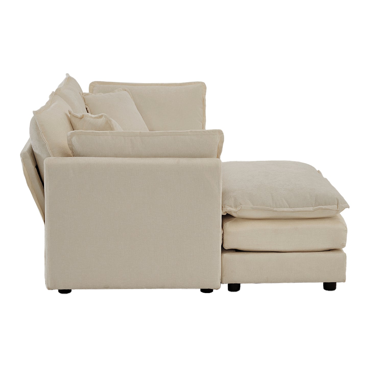 Comfortable beige linen sectional sofa with plush cushions and chaise lounge