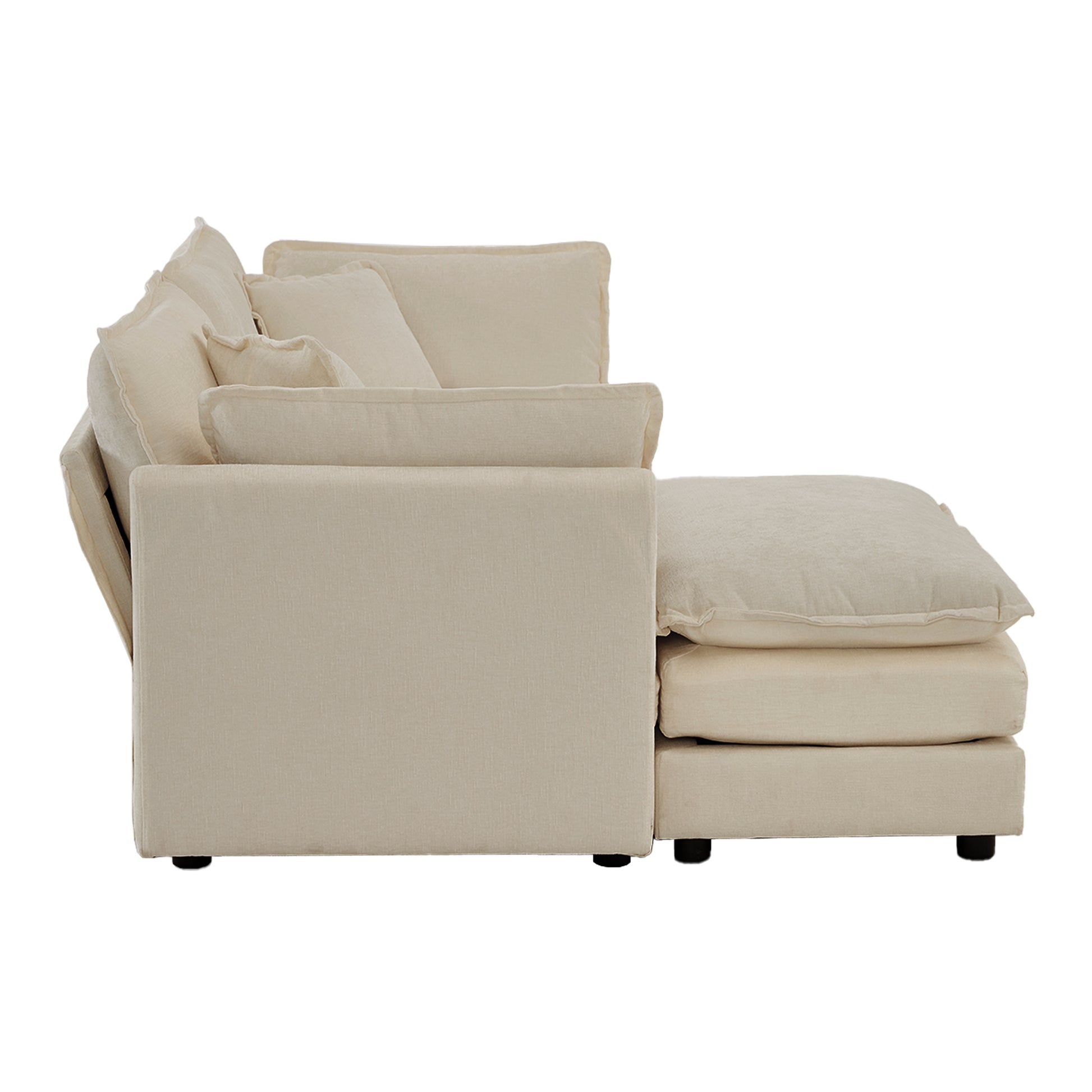 Comfortable beige linen sectional sofa with plush cushions and chaise lounge