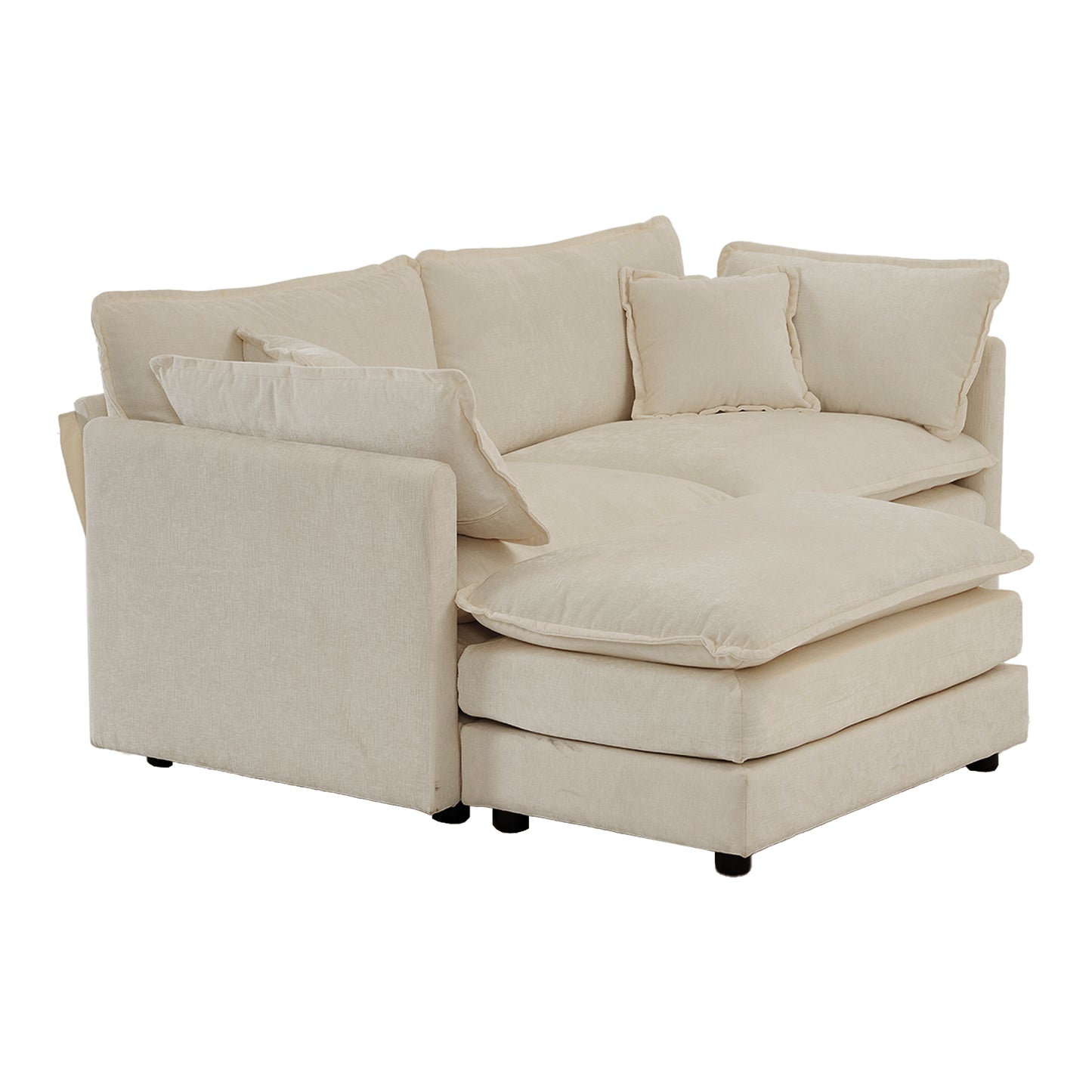 Plush beige fabric sectional sofa with deep seats and an ottoman perfect for modern living rooms
