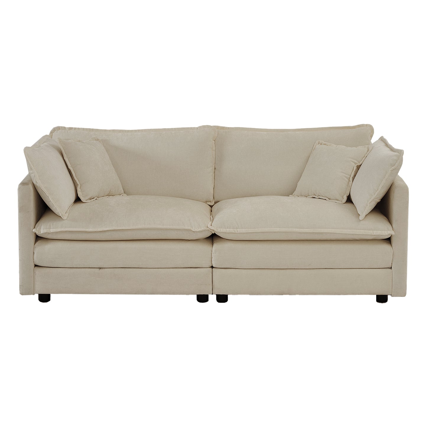 Beige fabric sofa with plush cushions and square arms perfect for modern living rooms