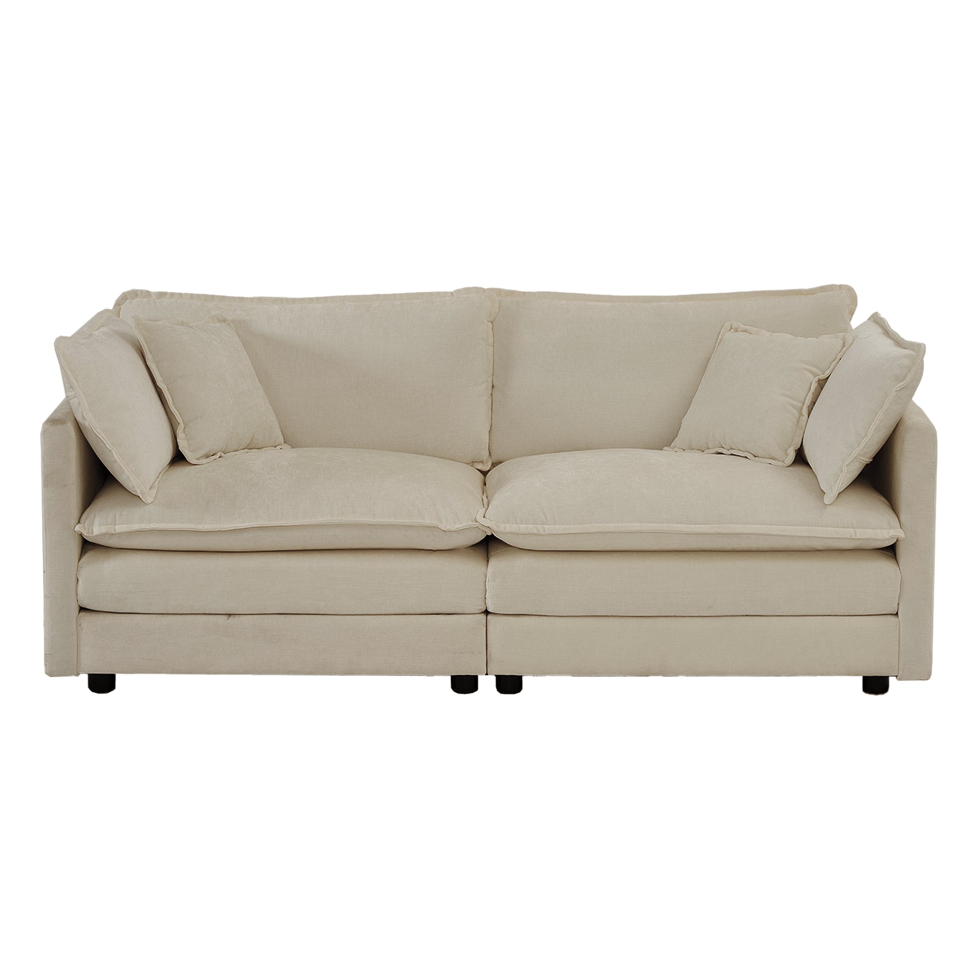 Beige fabric sofa with plush cushions and square arms perfect for modern living rooms
