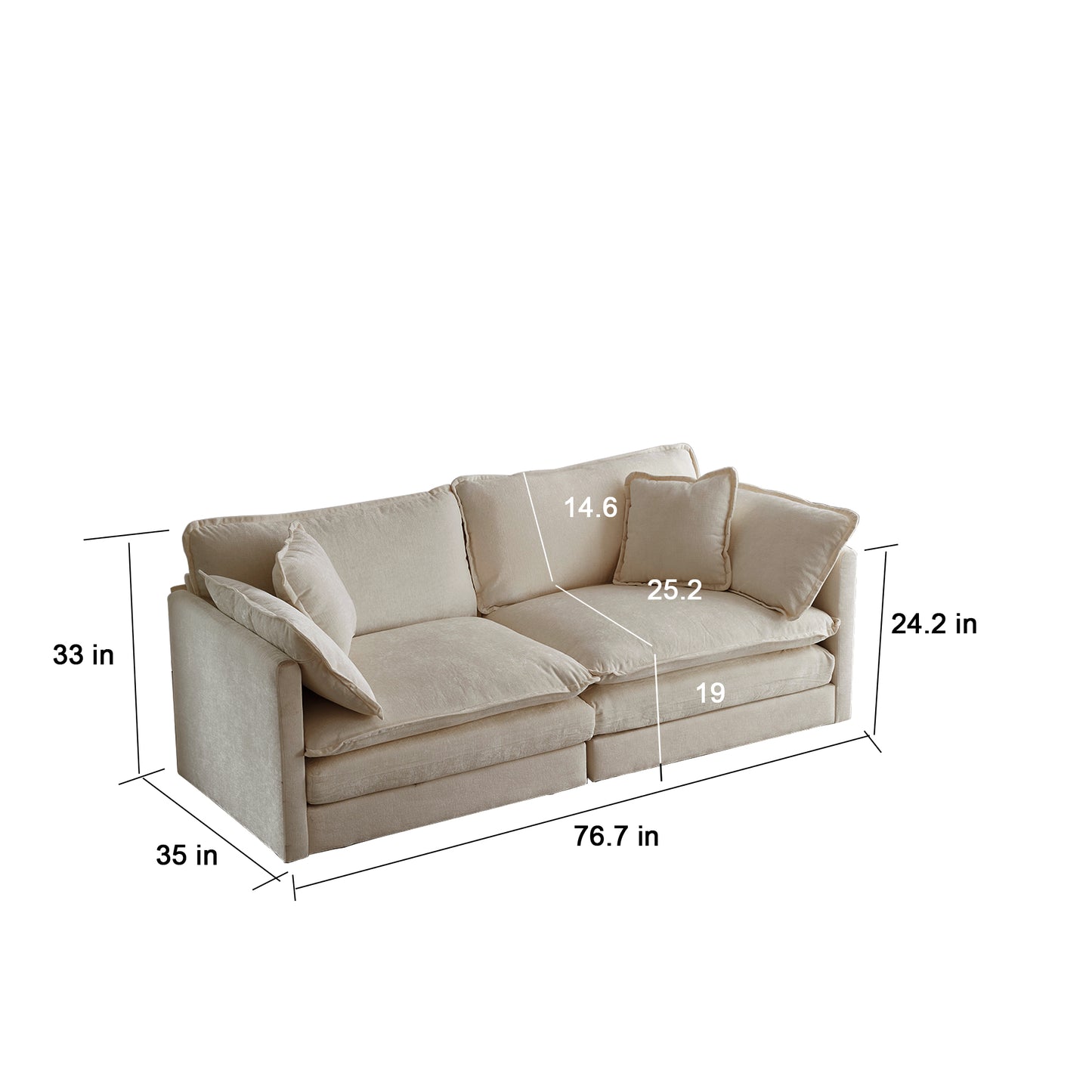 Beige linen sectional sofa with plush cushions and accent pillows  in length