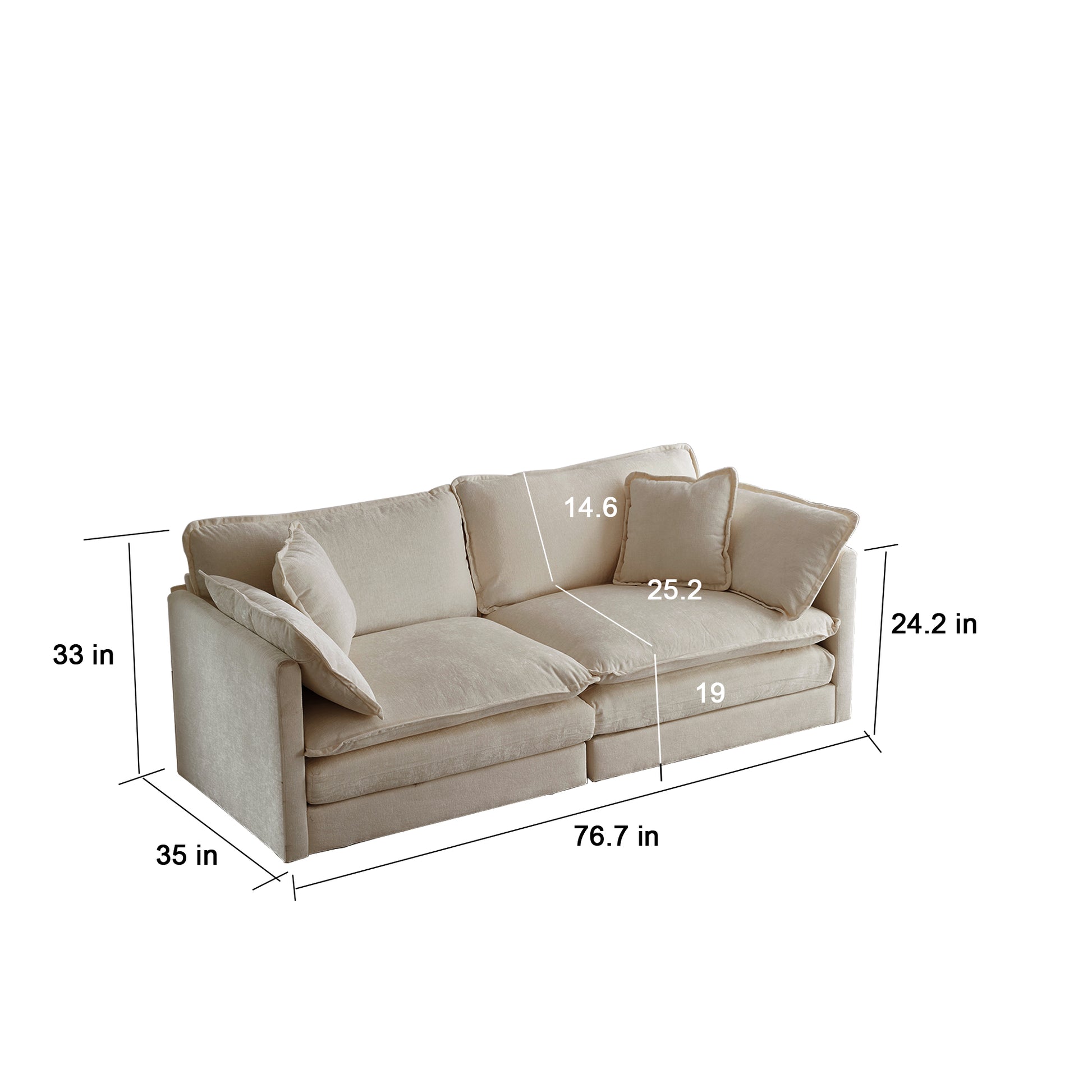 Beige linen sectional sofa with plush cushions and accent pillows  in length
