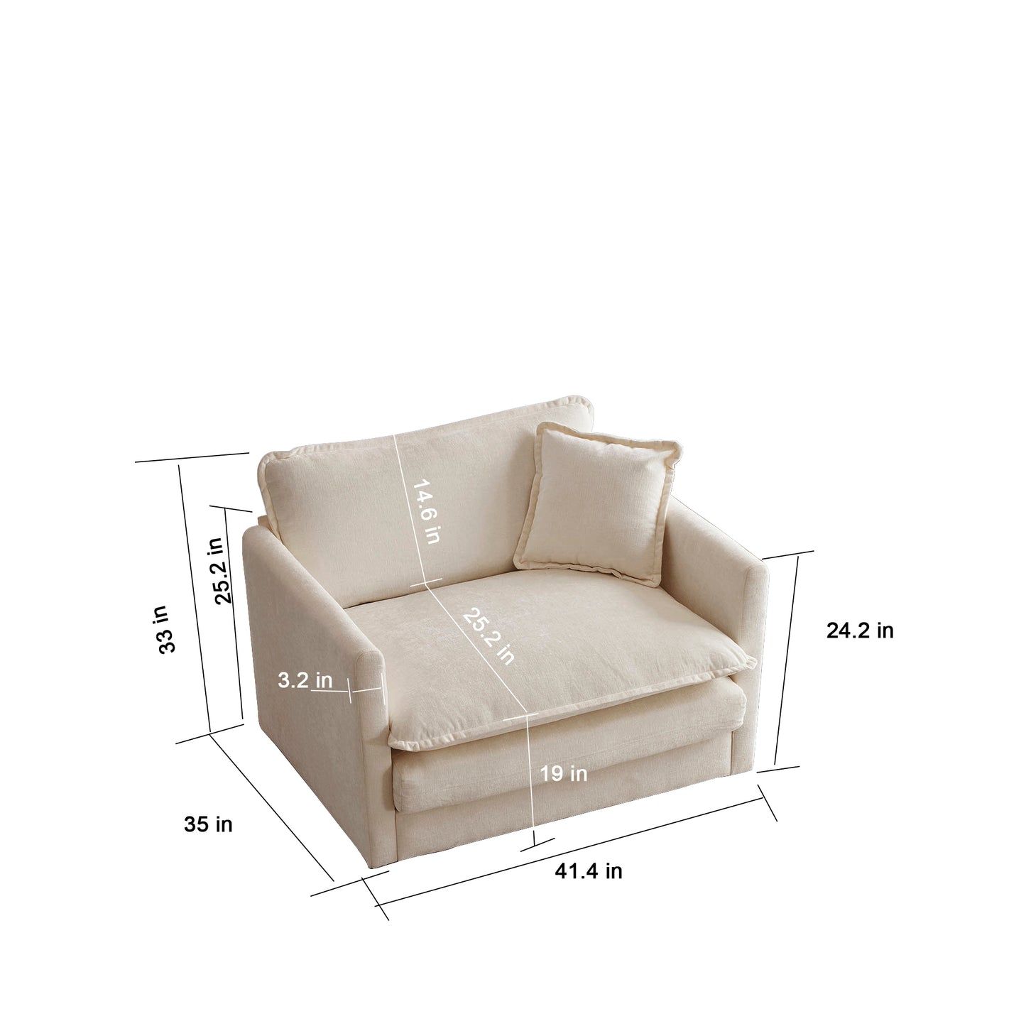 Comfortable cream fabric armchair with plush cushions and detailed dimensions for easy placement