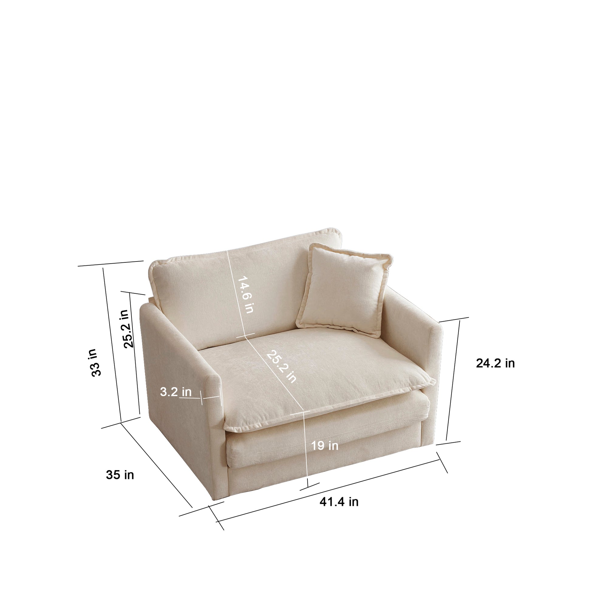 Comfortable cream fabric armchair with plush cushions and detailed dimensions for easy placement