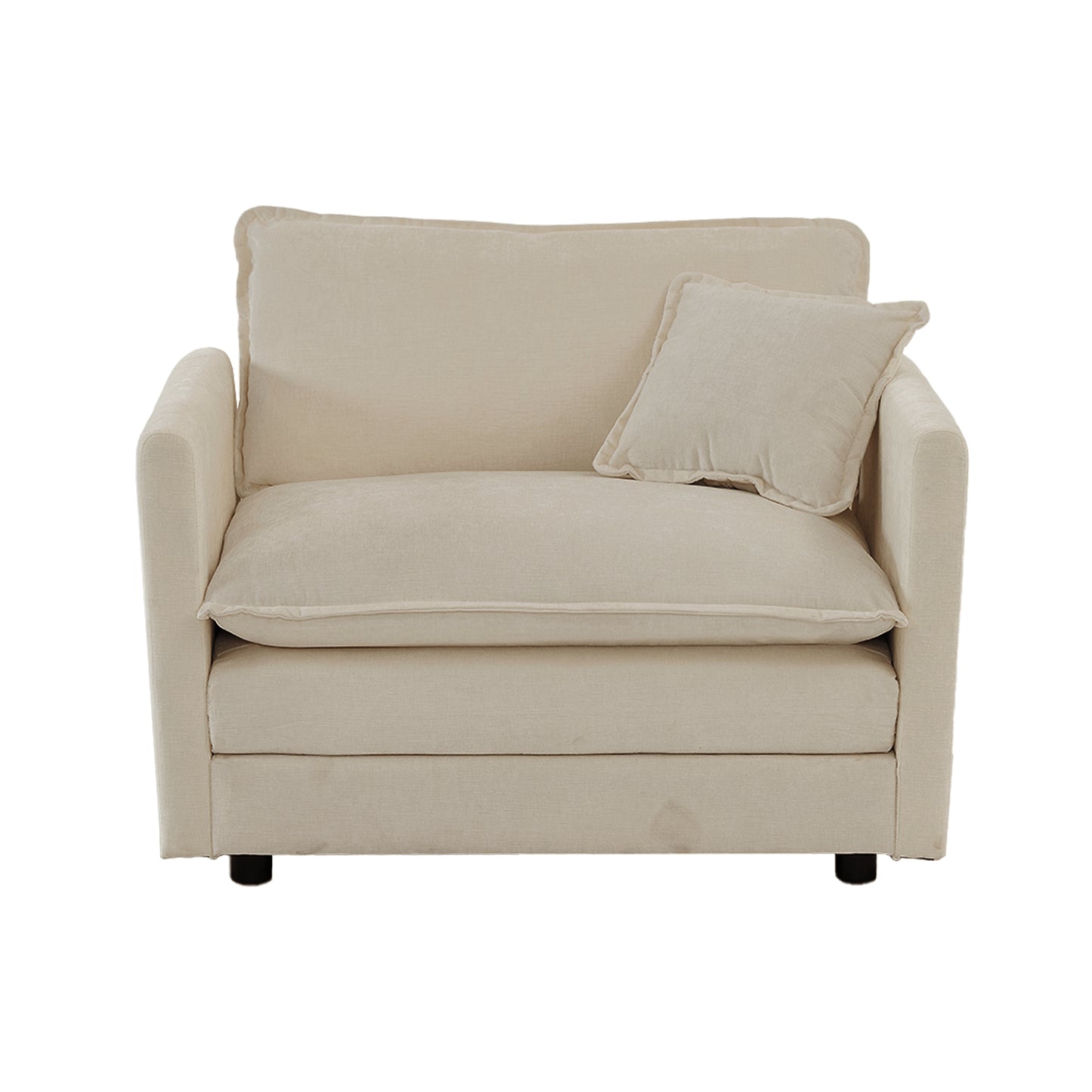 Cream upholstered accent chair with plush cushions and a throw pillow