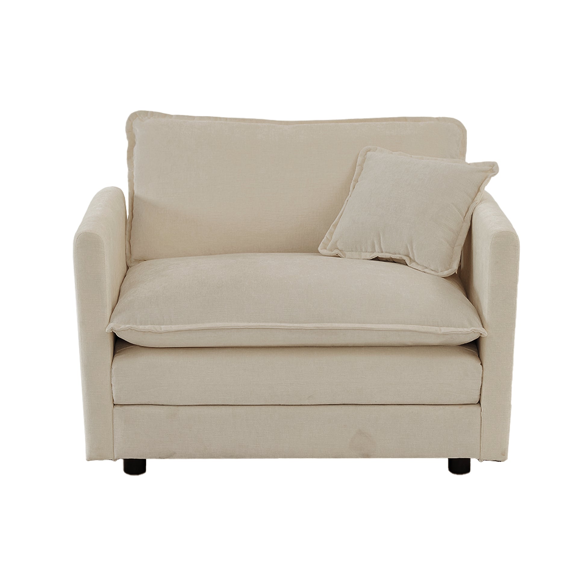 Cream upholstered accent chair with plush cushions and a throw pillow