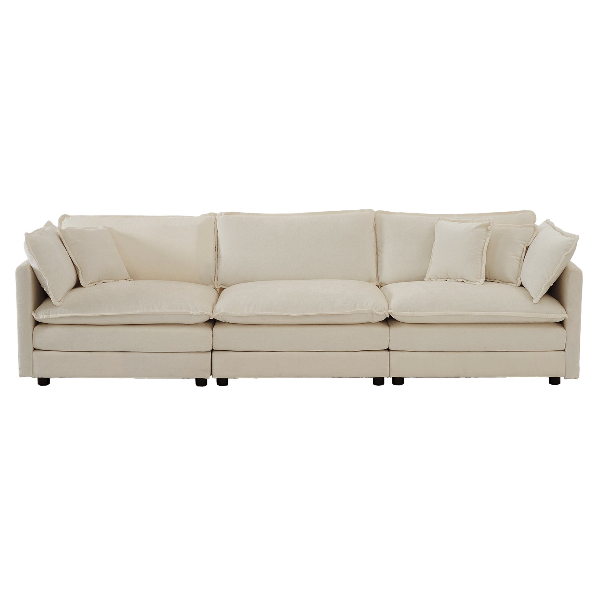 Comfortable cream linen sectional sofa with plush cushions and decorative pillows