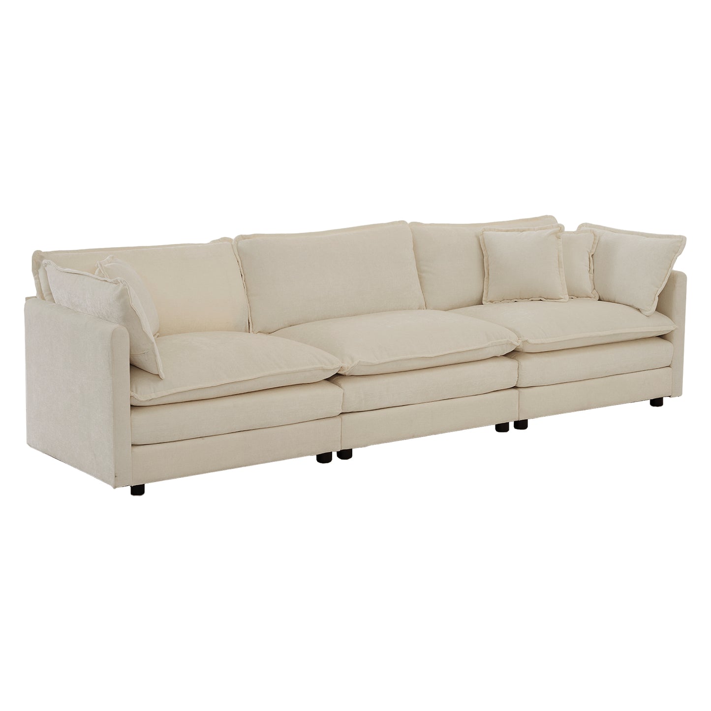 Plush beige fabric sectional sofa with three seat cushions and plush throw pillows perfect for modern living rooms