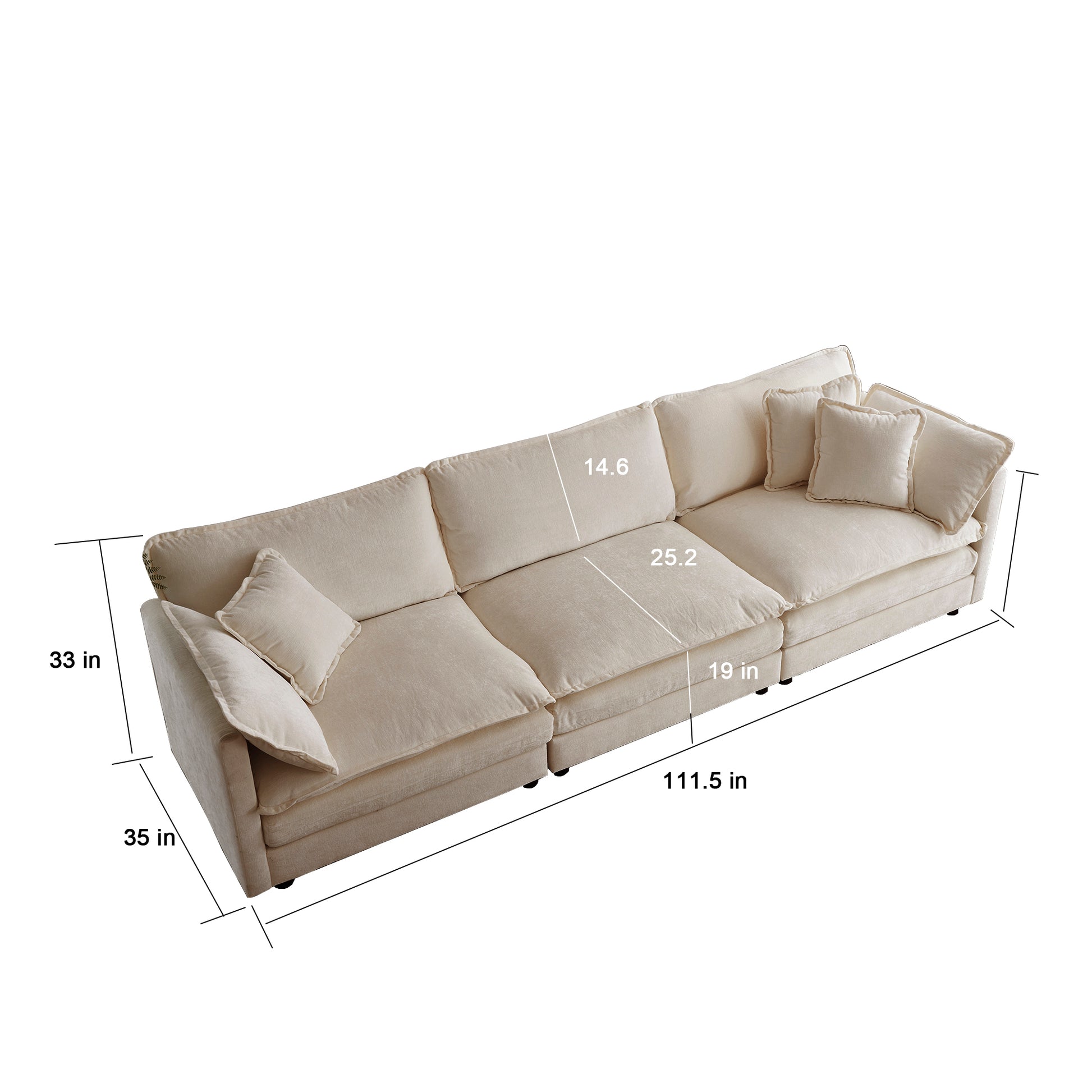 Beige sectional sofa with plush cushions and accent pillows  inches long