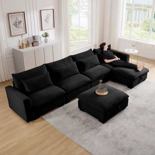 Luxurious black corduroy sectional sofa with plush cushions and ample seating space