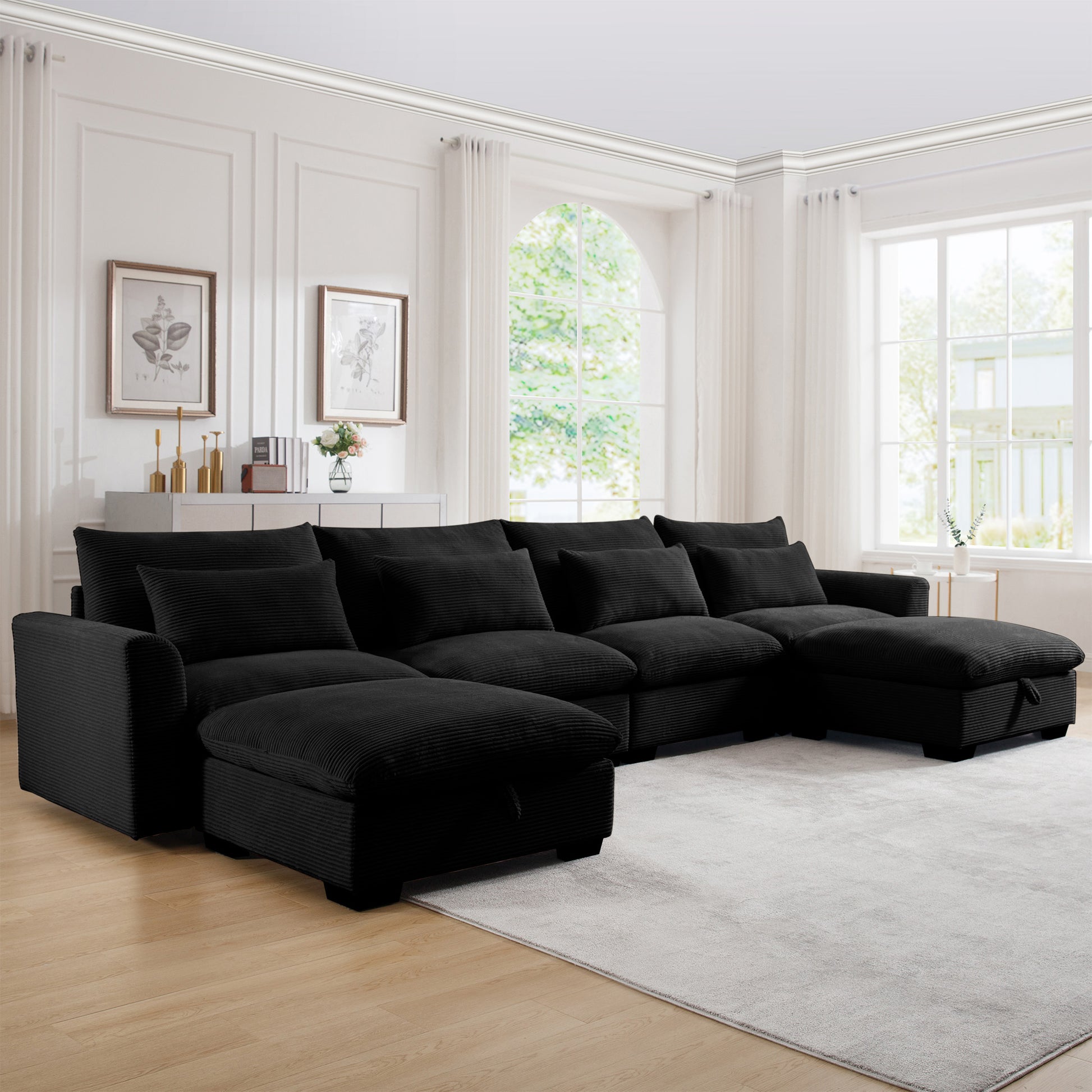 Black corduroy sectional sofa with chaise spacious and modern living room furniture