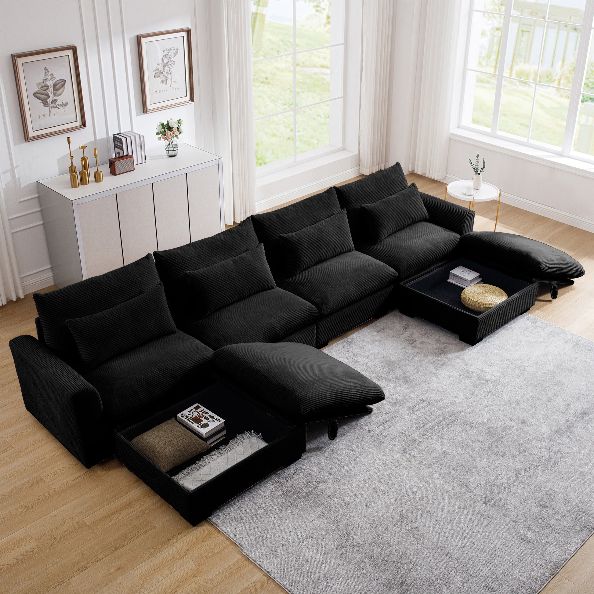 Spacious black corduroy sectional sofa with builtin storage perfect for modern living rooms