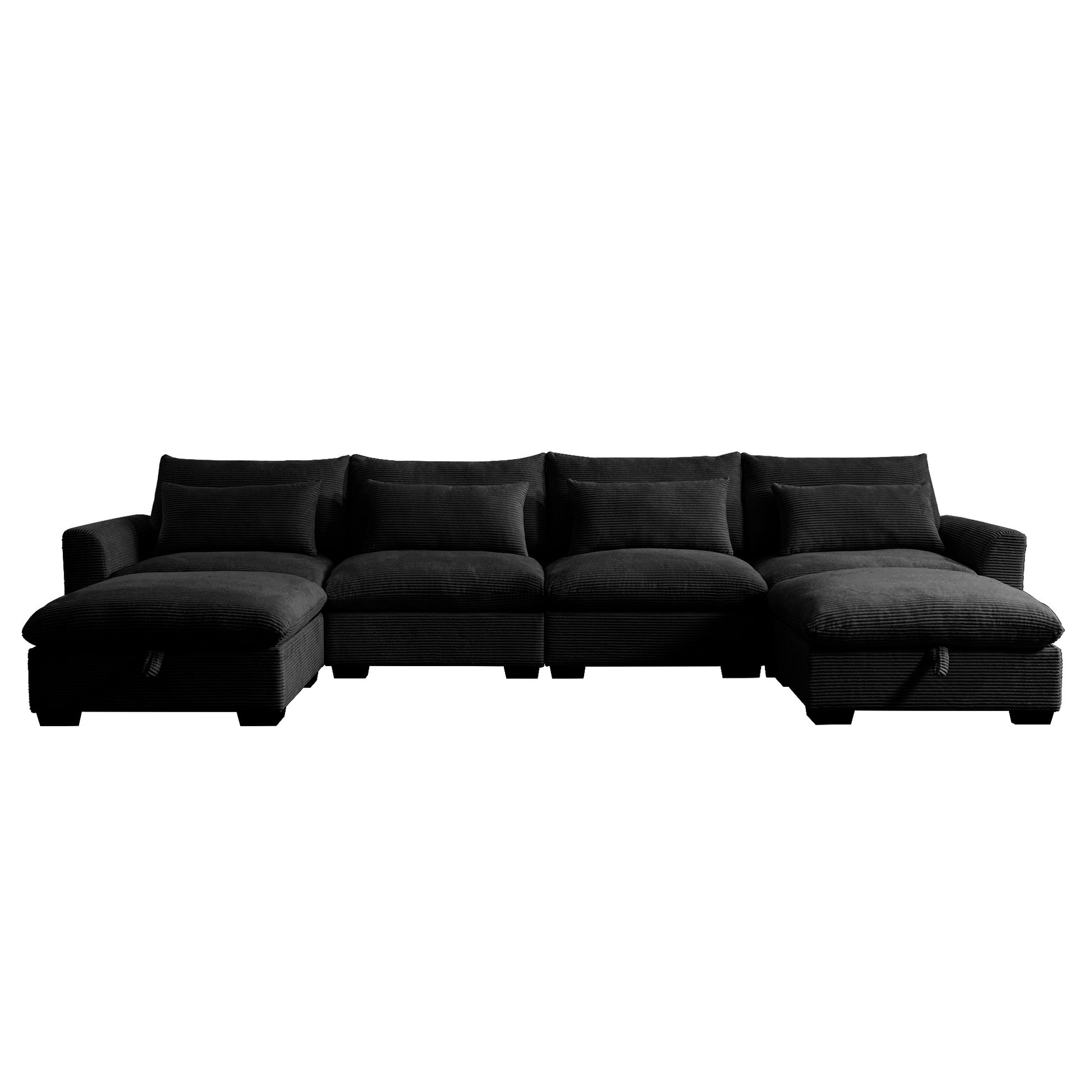 Black corduroy sectional sofa with multiple chaise lounges and throw pillows