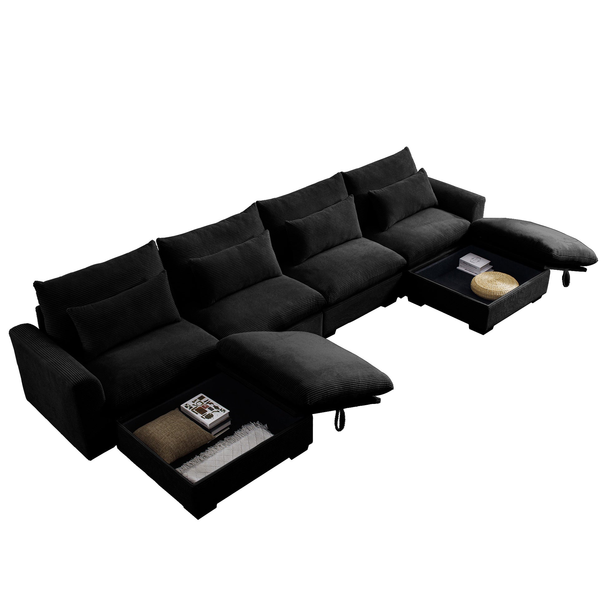 Black corduroy sectional sofa with hidden storage compartments and plush pillows