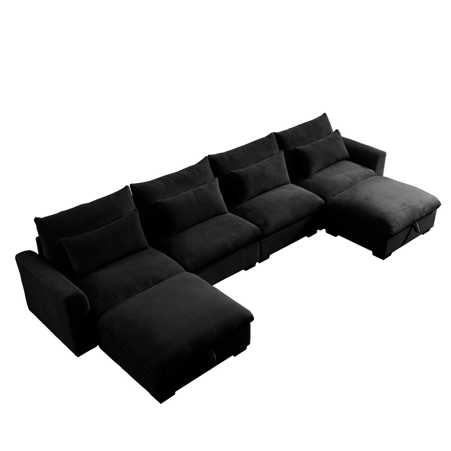 Black corduroy sectional sofa with chaise lounge and storage ottoman