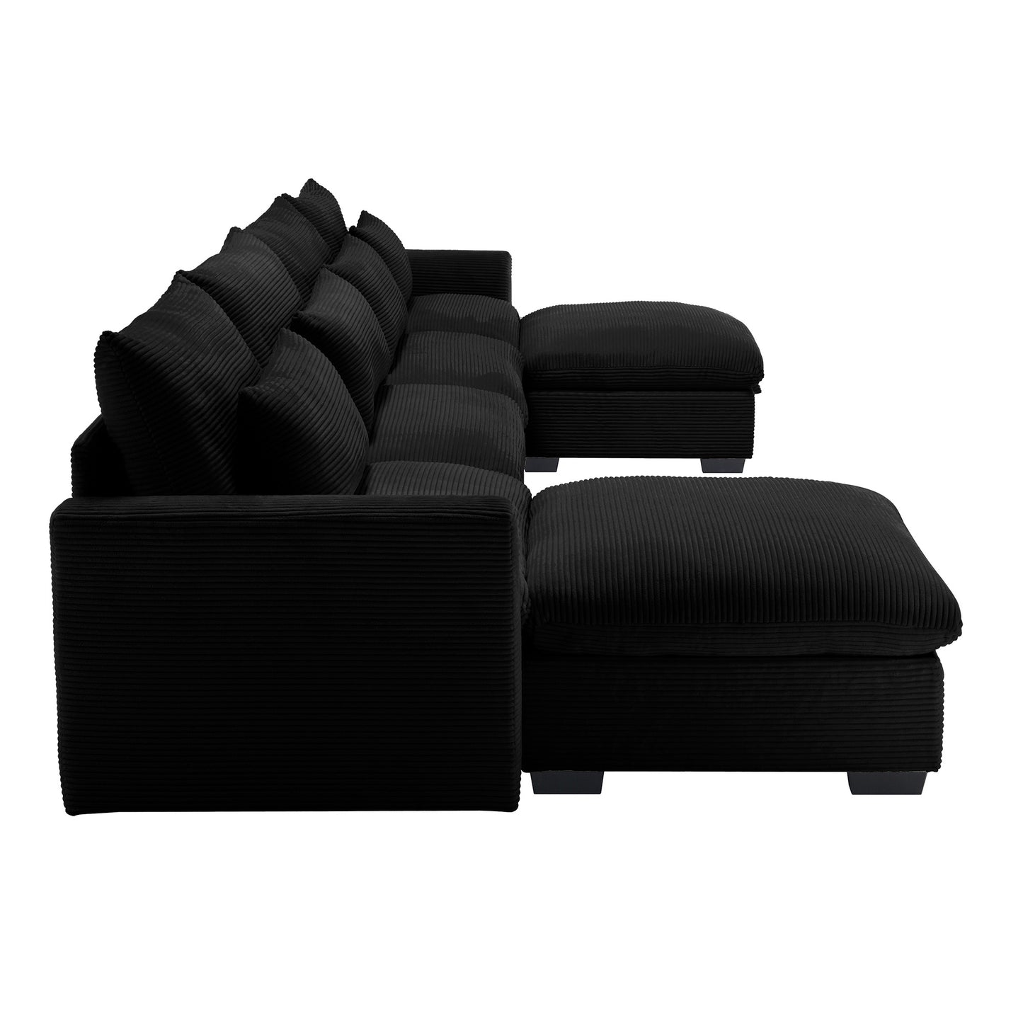 Black corduroy sectional sofa with plush back cushions and reversible chaise for modern living rooms
