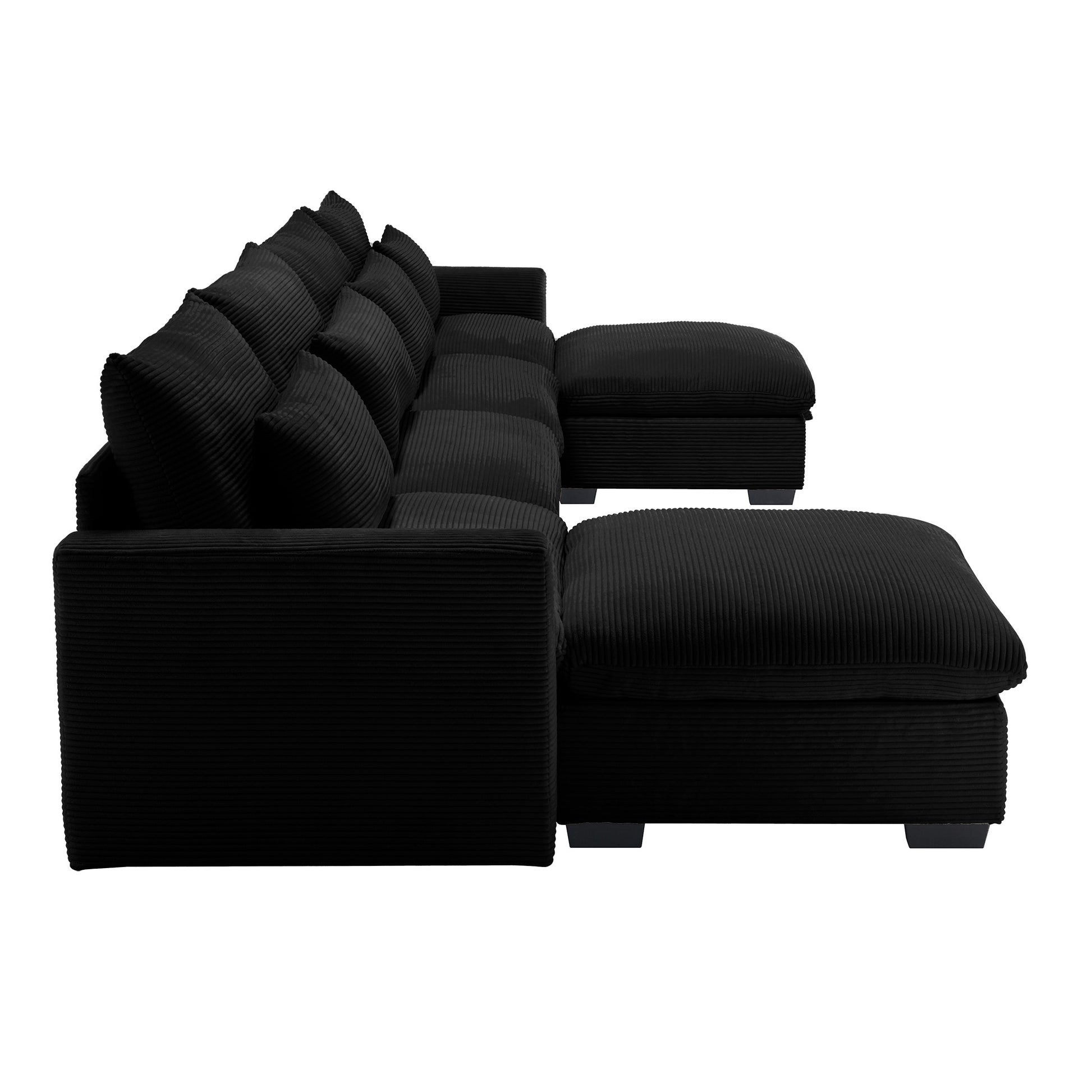 Black corduroy sectional sofa with plush back cushions and reversible chaise for modern living rooms
