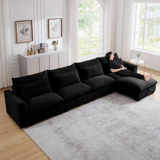 Black corduroy sectional sofa with plush cushions and a chaise lounge for ultimate relaxation