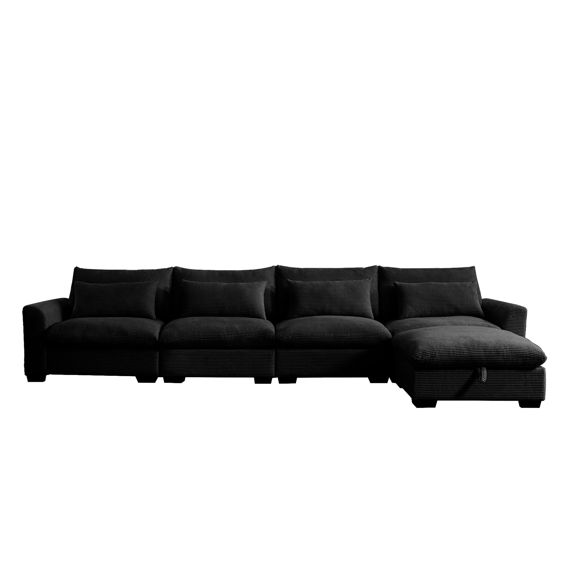Black corduroy sectional sofa with plush cushions and chaise lounge