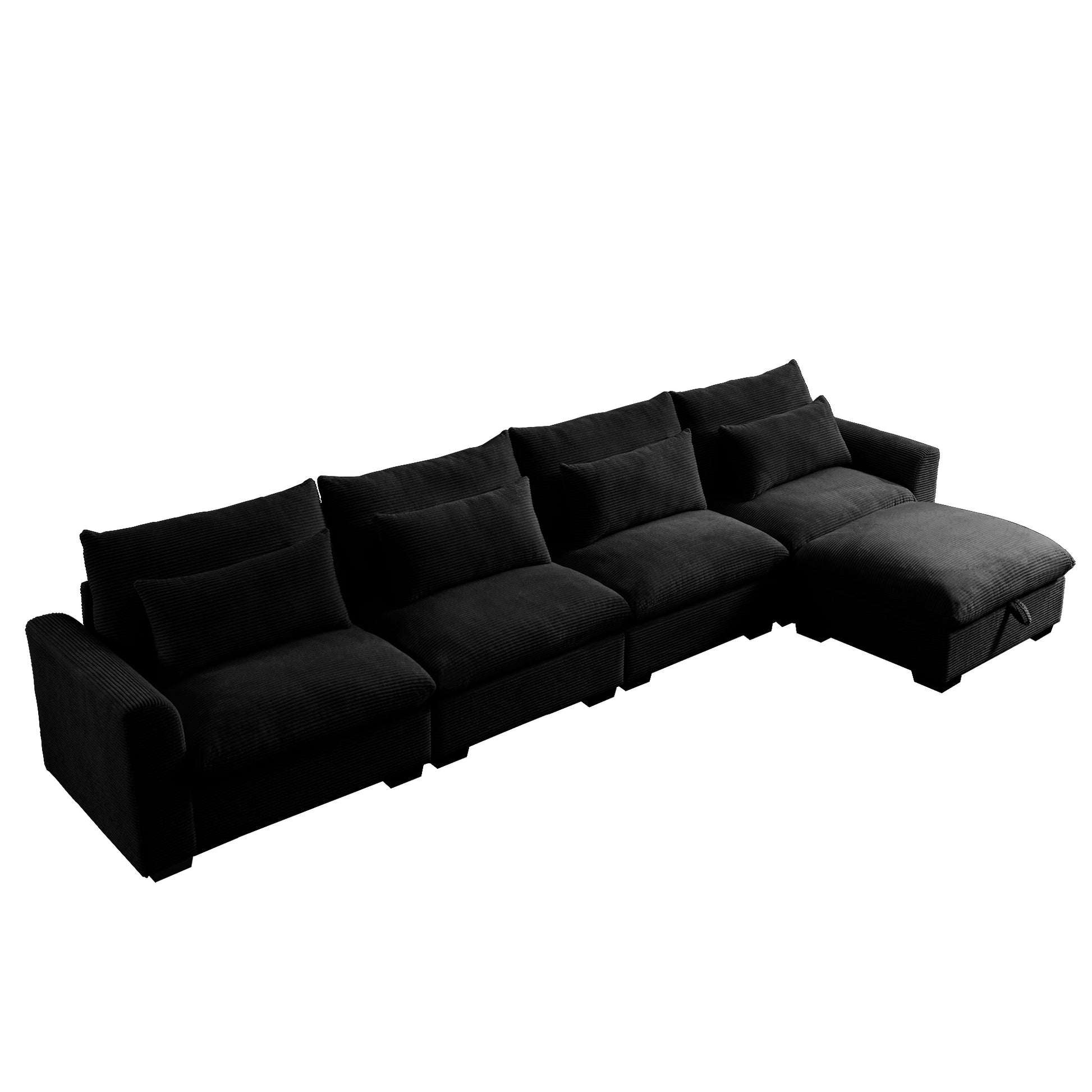 Black corduroy sectional sofa with deep seats and plush throw pillows
