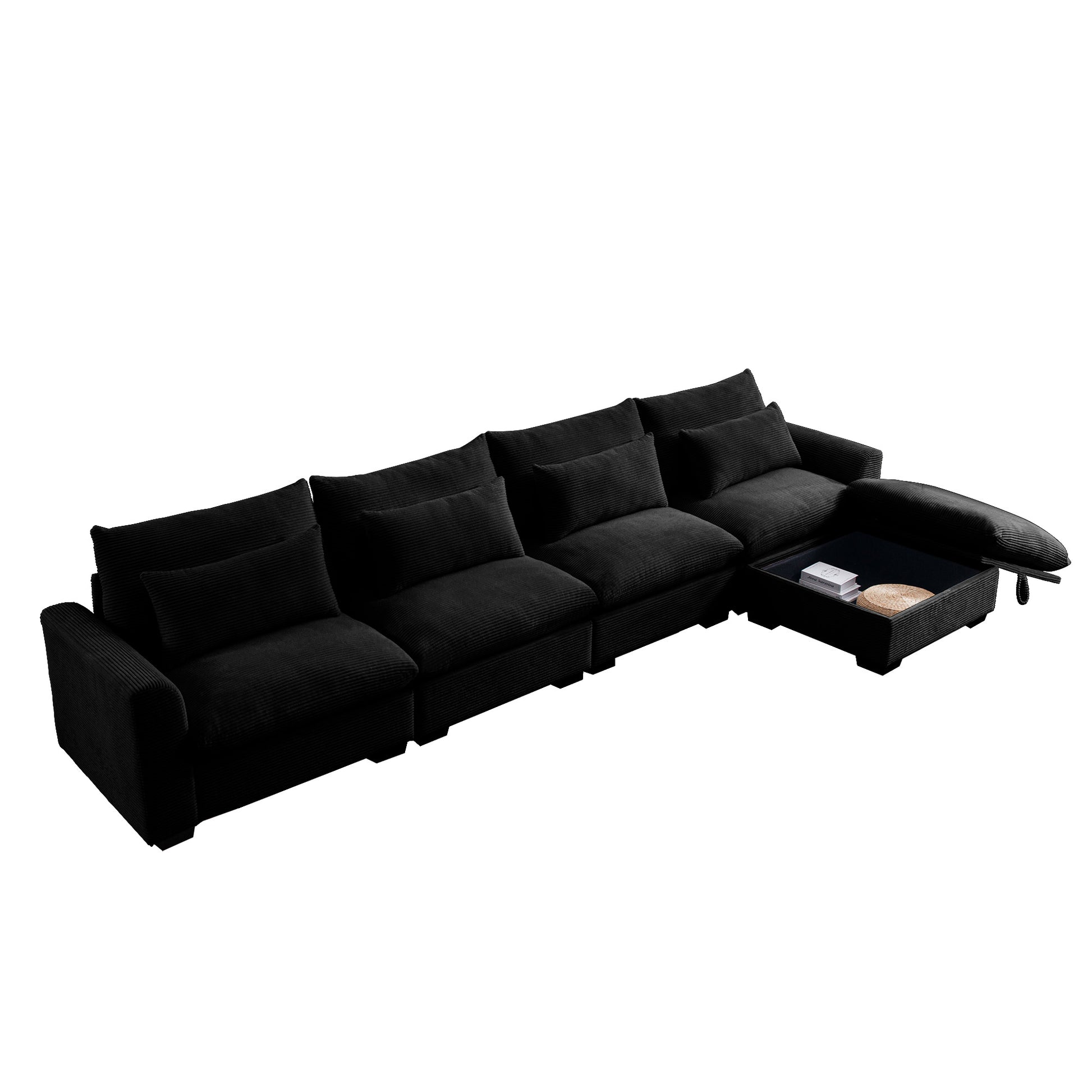 Black corduroy sectional sofa with builtin storage compartment