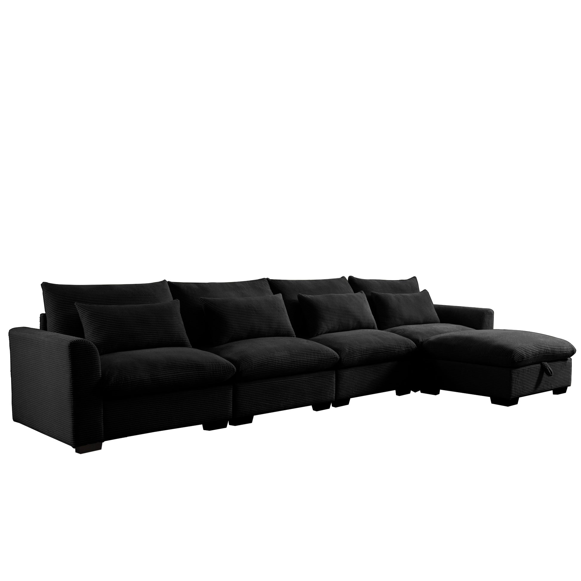 Plush black corduroy sectional sofa with chaise lounge and matching throw pillows