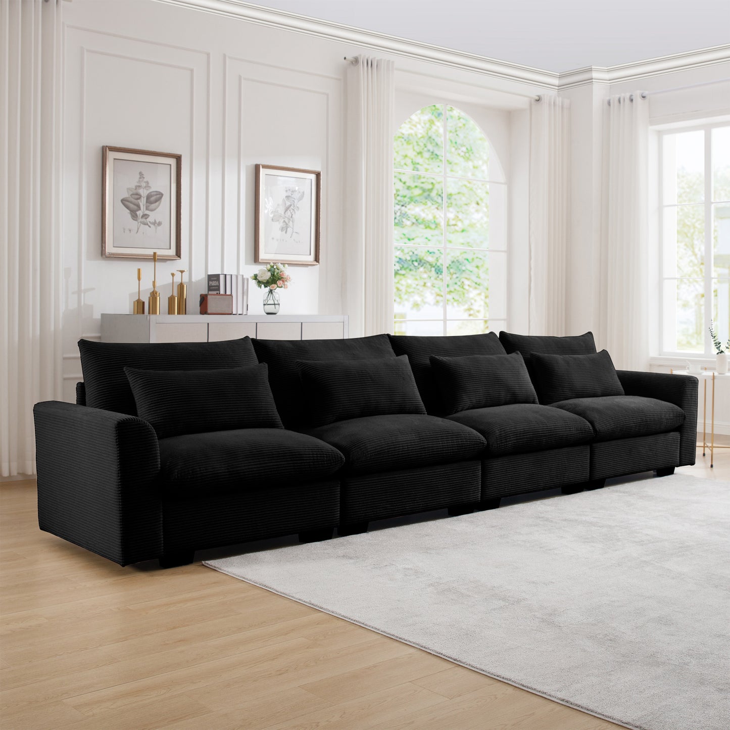 Black corduroy sectional sofa with plush cushions modern design for living rooms