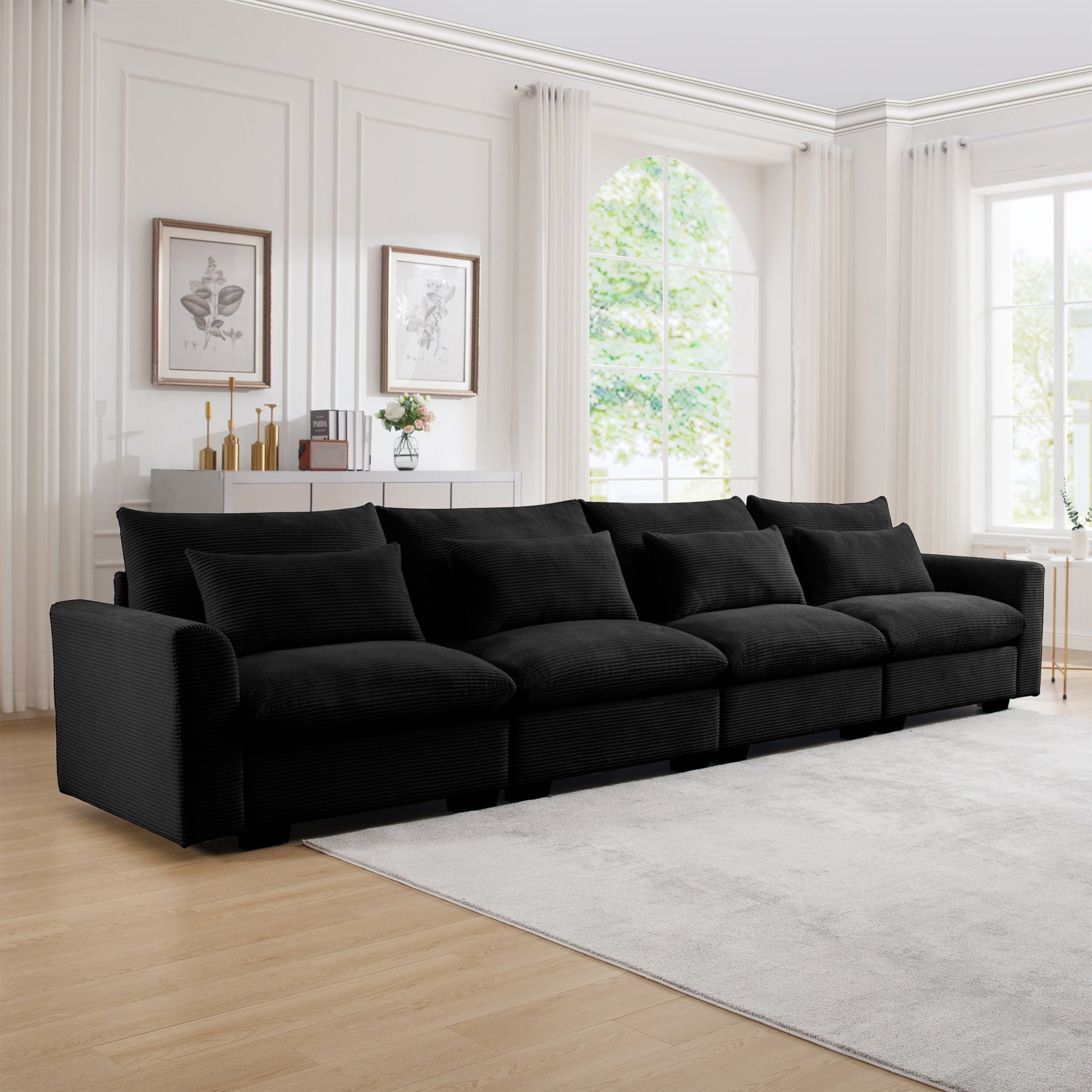 Black corduroy sectional sofa with plush cushions modern design for living rooms