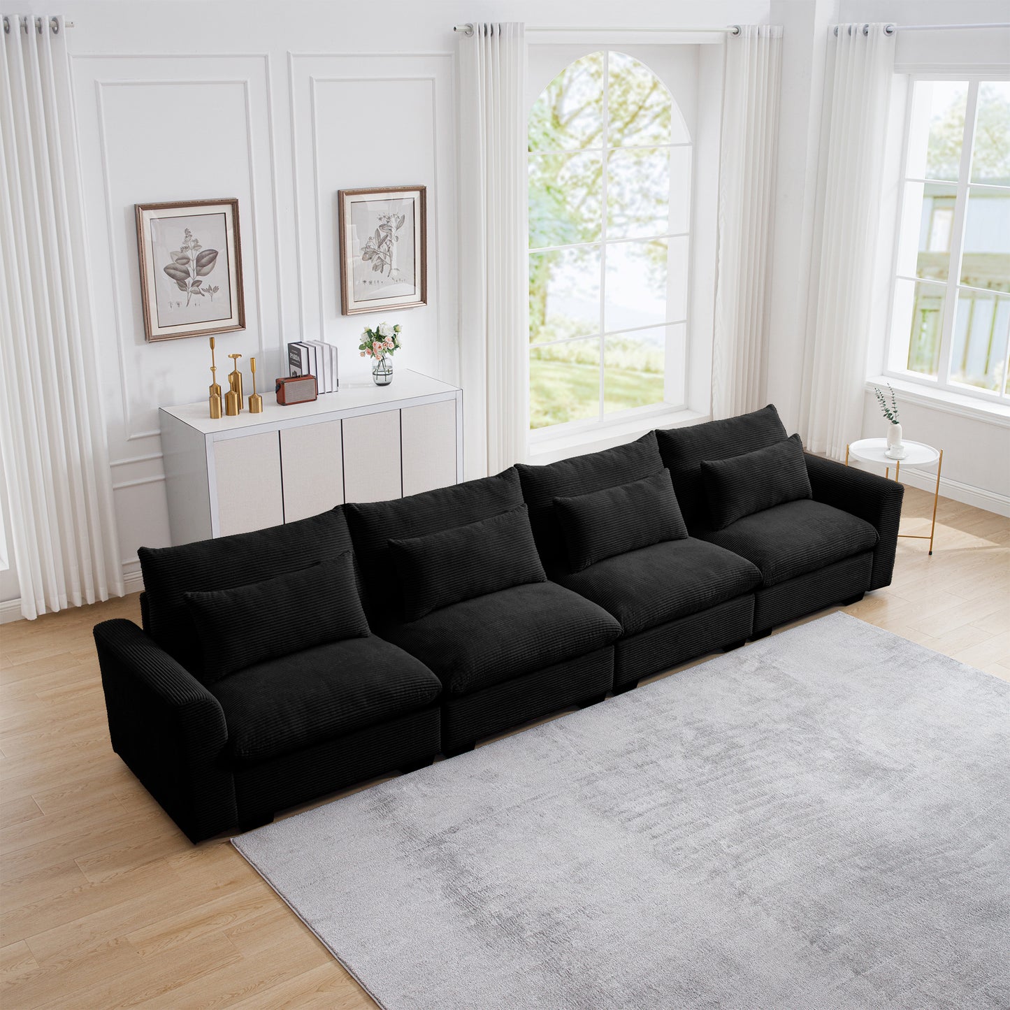 Black corduroy sectional sofa with plush cushions perfect for modern living rooms
