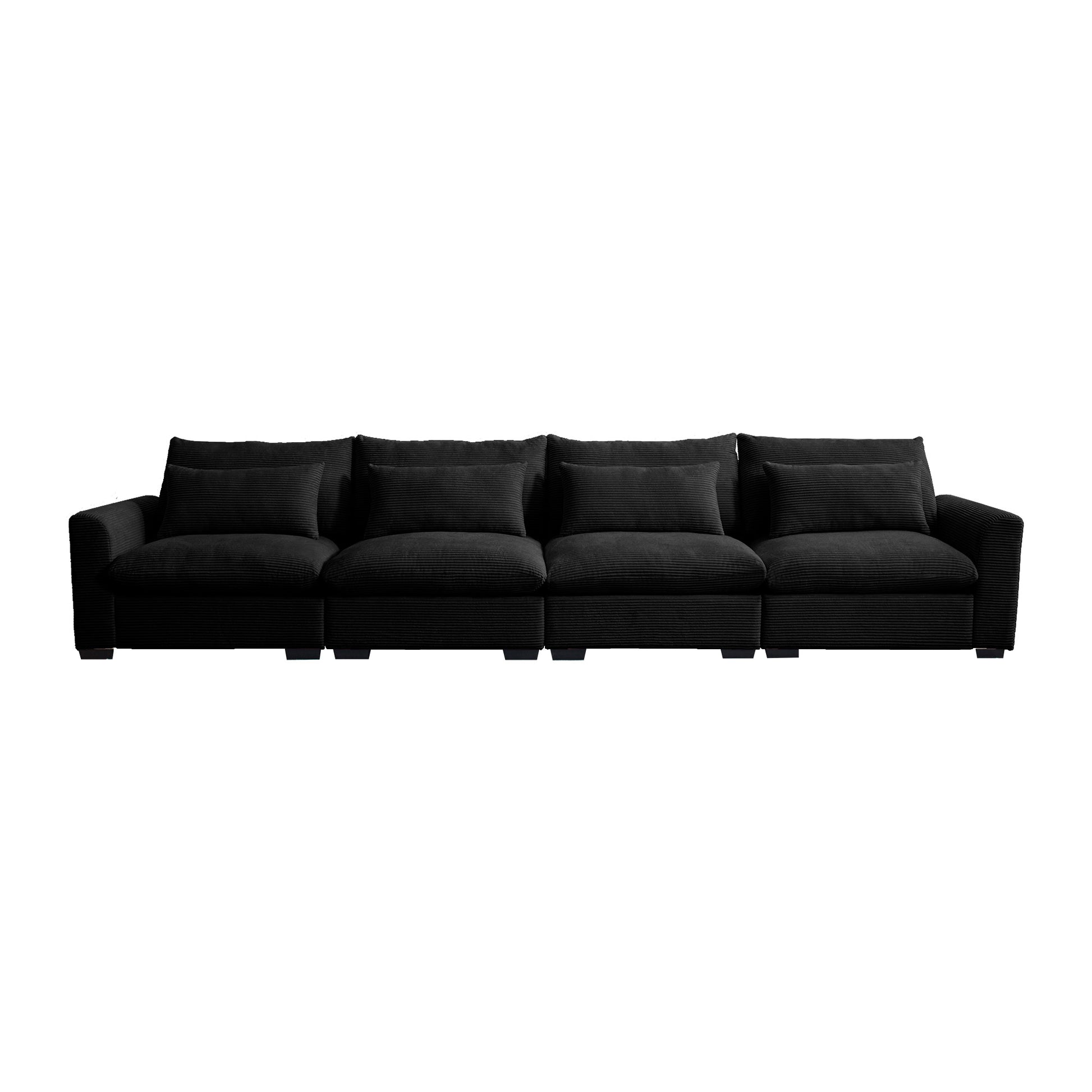 Fourseater black corduroy modular sofa with plush cushions for modern living rooms