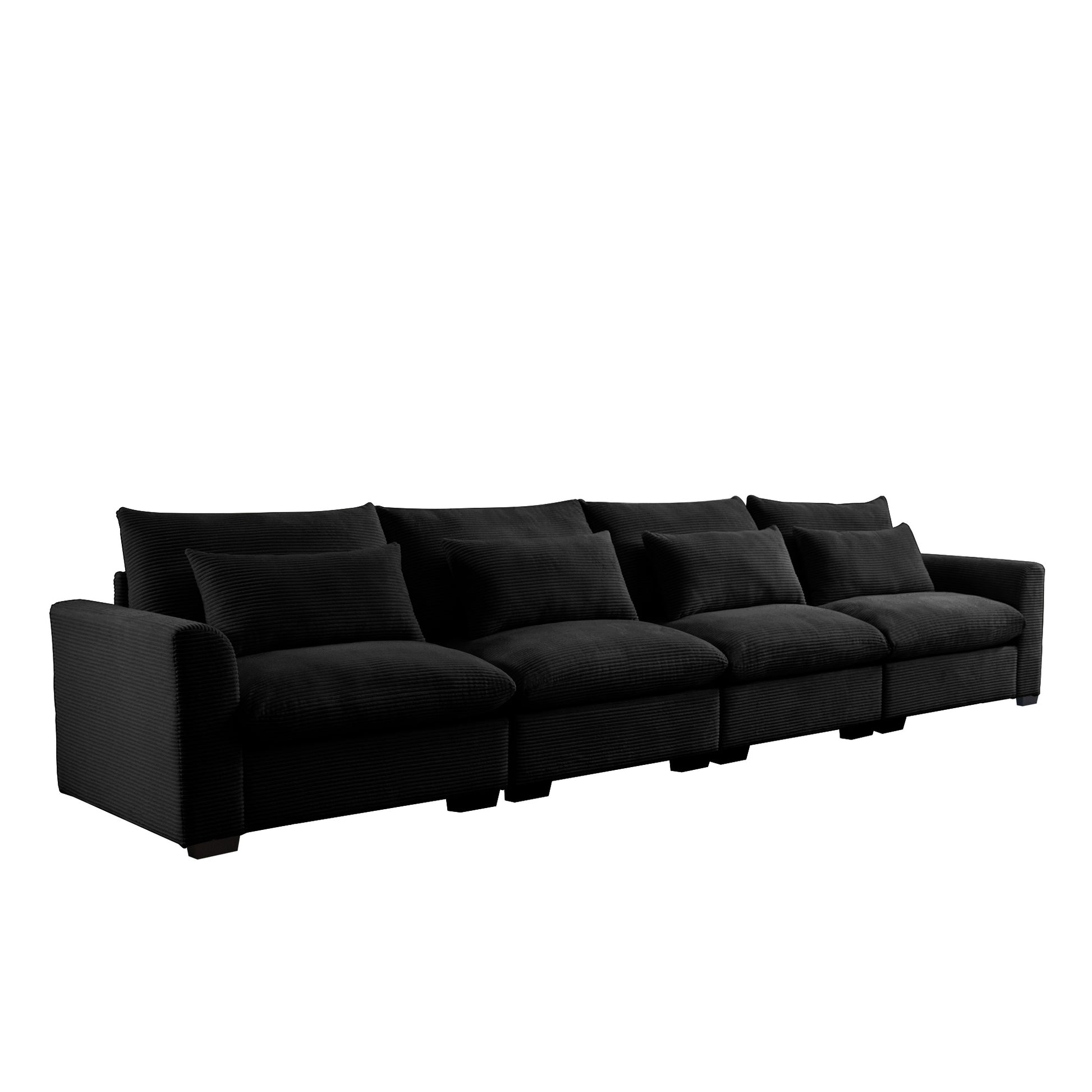 Deep black corduroy sectional sofa with plush cushions for comfortable living room seating