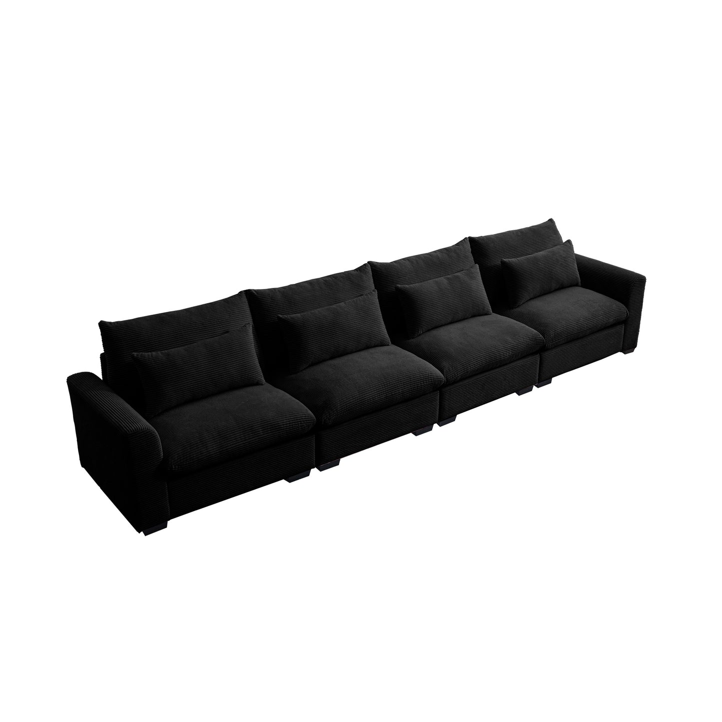 Plush black corduroy sectional sofa with four deep seats and matching throw pillows perfect for a modern living room