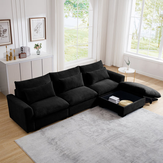 Luxurious black corduroy sectional sofa with integrated storage ottoman perfect for modern living rooms