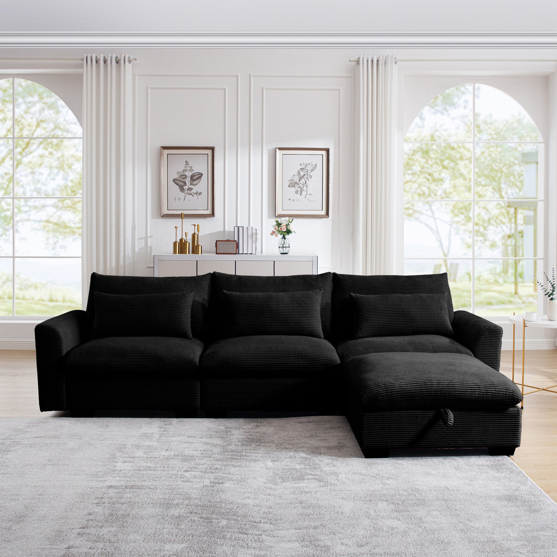 Luxurious black corduroy sectional sofa with chaise lounge for comfortable living room seating
