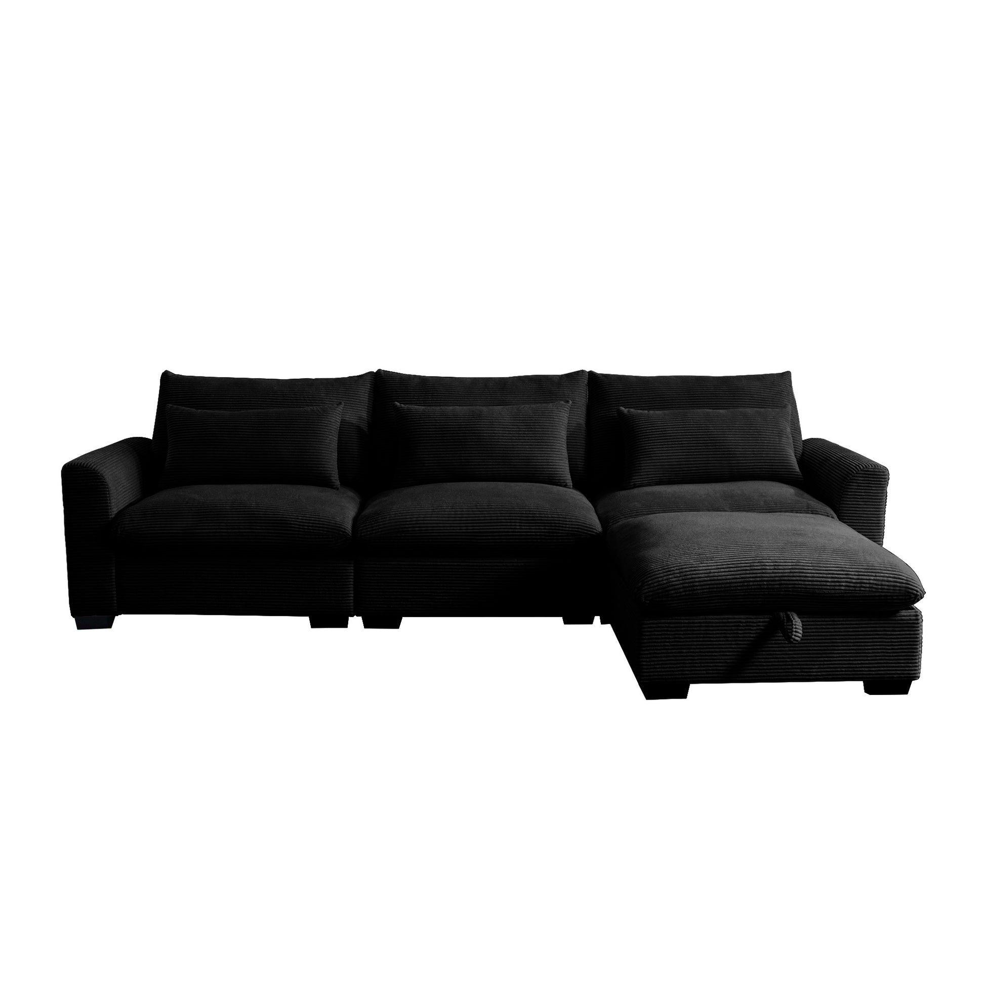 Black corduroy sectional sofa with chaise and matching pillows