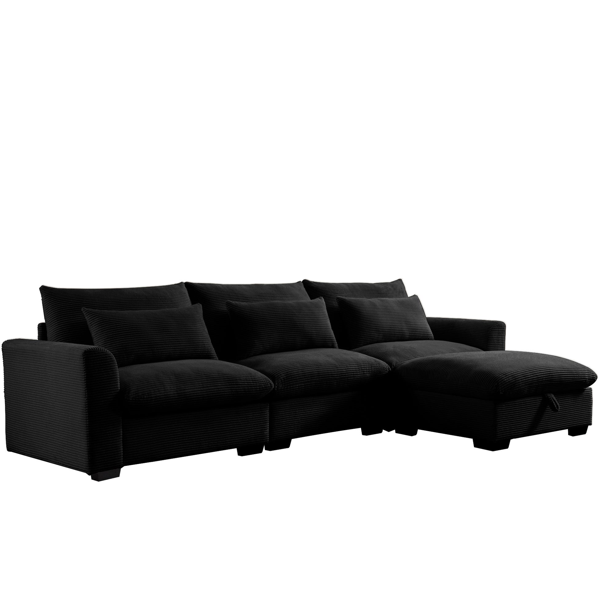 Black corduroy sectional sofa with plush cushions and chaise lounge for living room comfort