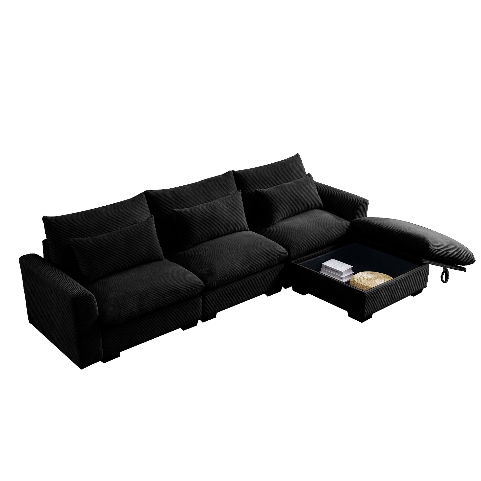 Black corduroy sectional sofa with an open storage chaise and accent pillows