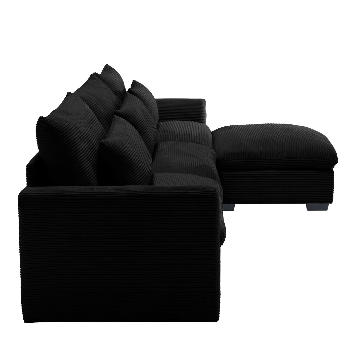 Black corduroy sectional sofa with plush cushions and chaise for modern living rooms