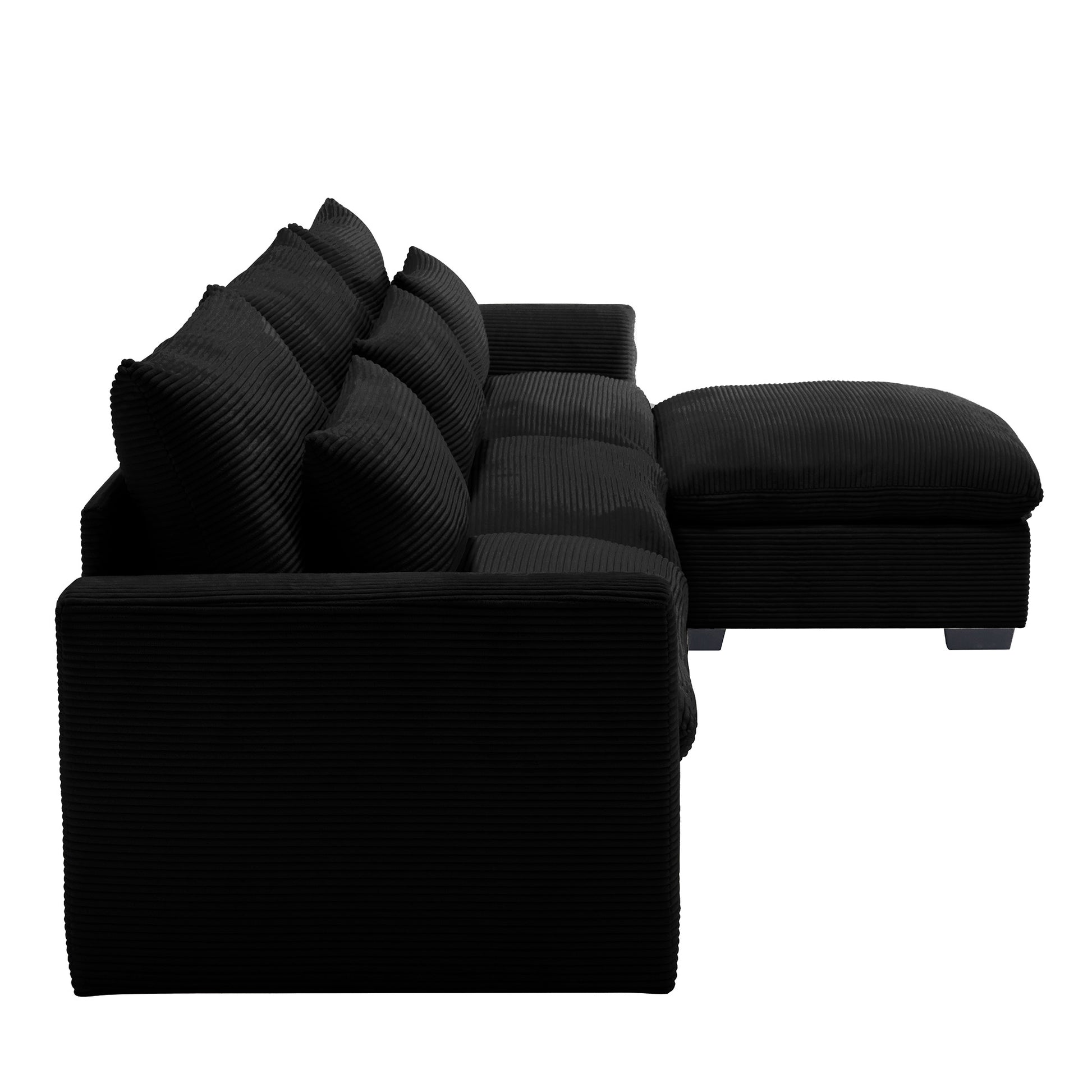 Black corduroy sectional sofa with plush cushions and chaise for modern living rooms